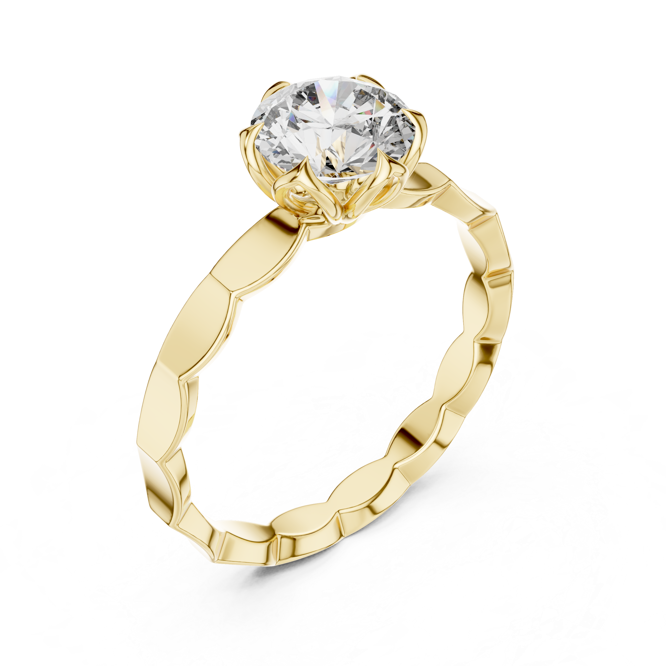 Round Cut Lab Diamond Engagement Ring With Scalloped Petal Band