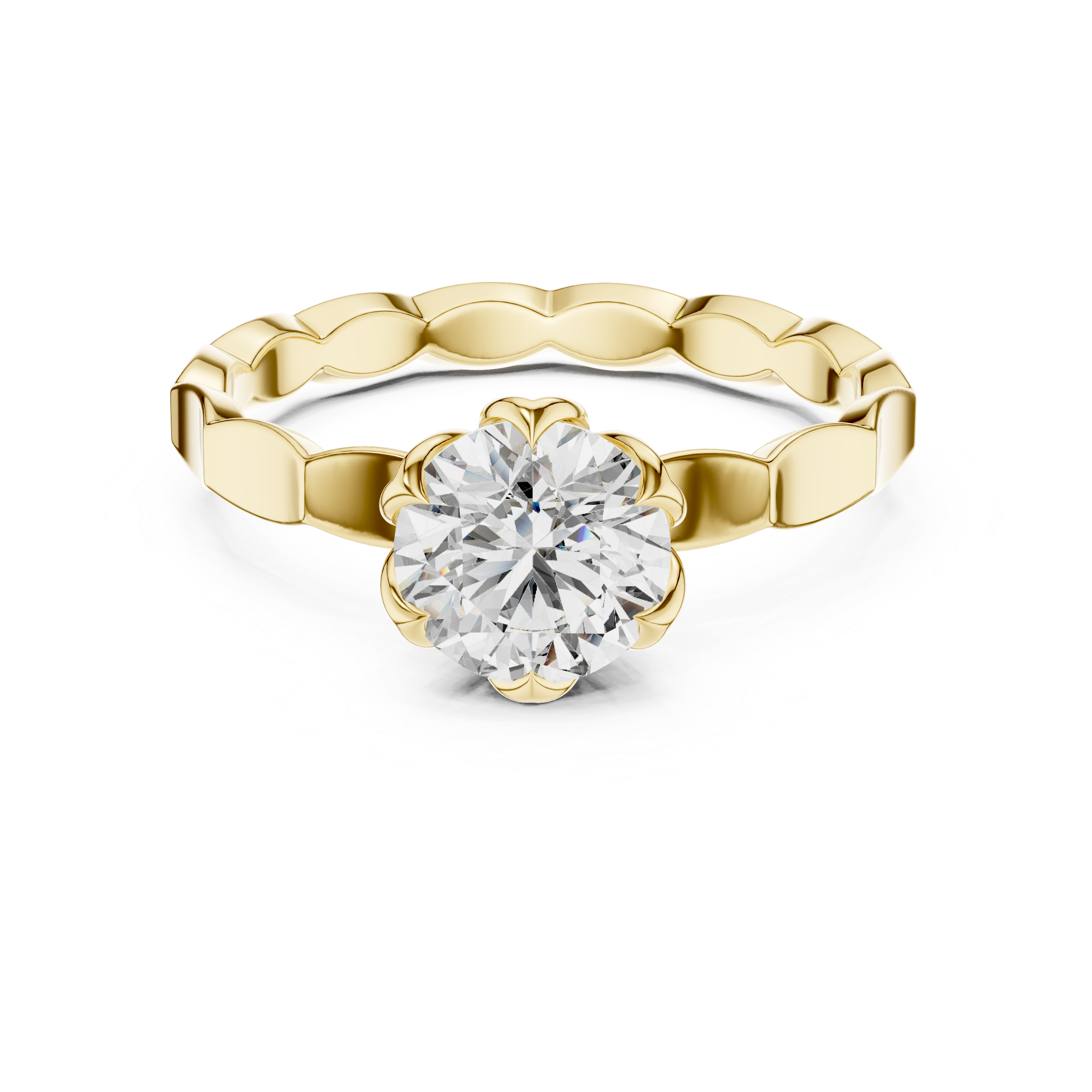 Round Cut Lab Diamond Engagement Ring With Scalloped Petal Band
