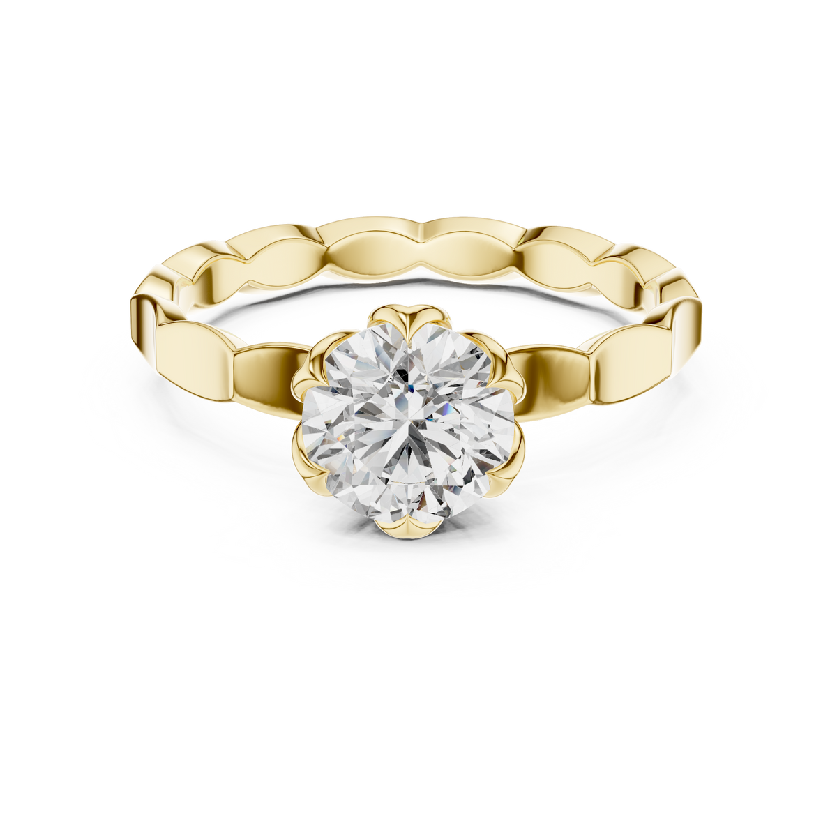 Round Cut Lab Diamond Engagement Ring With Scalloped Petal Band