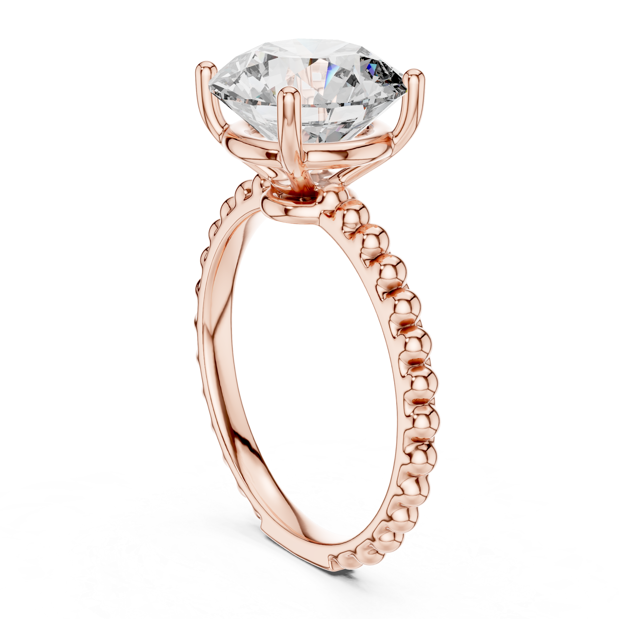 Round Cut Solitaire Diamond Ring with Beaded Shank