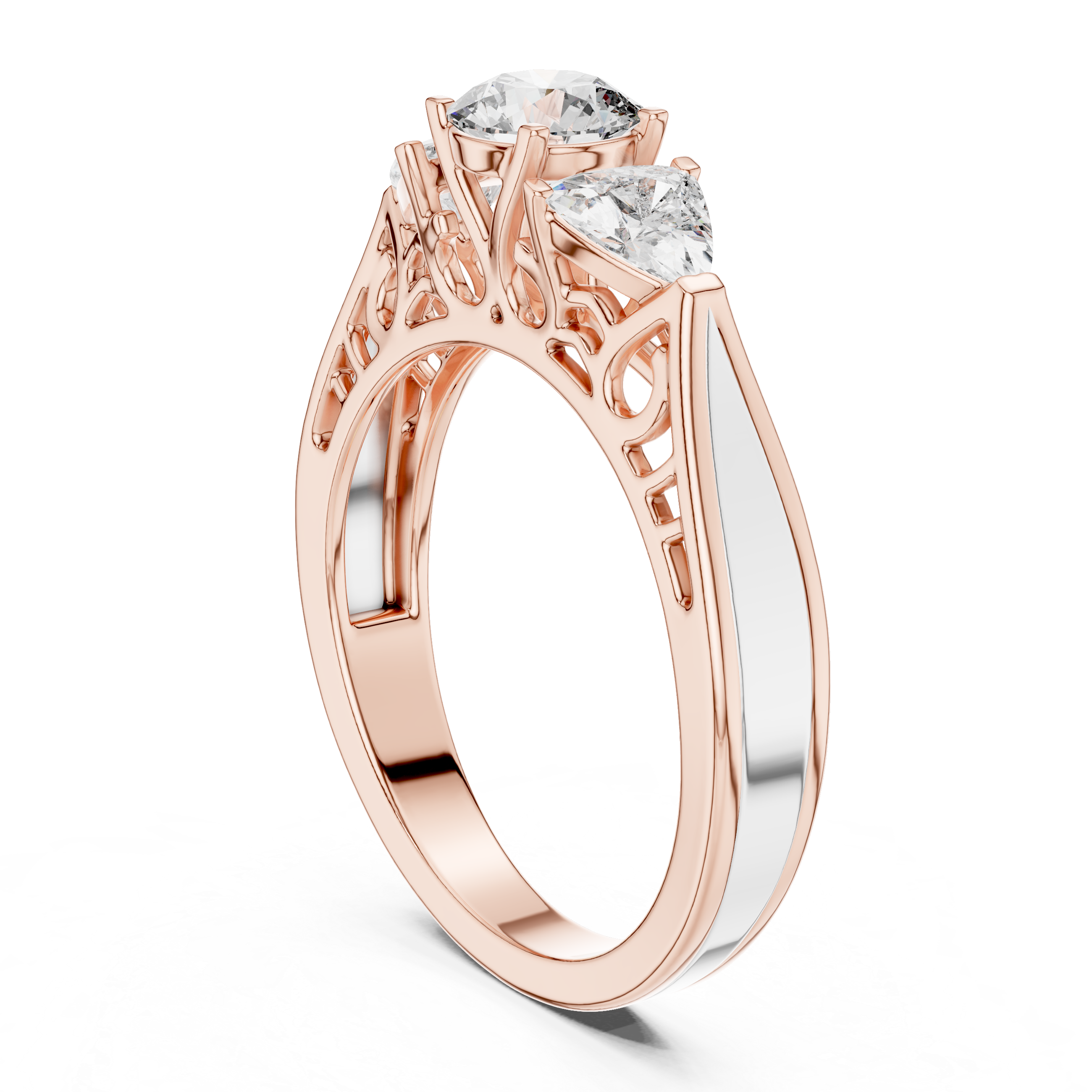 Filigree Cathedral Trio Ring With Round Brilliant And Trillion Accents