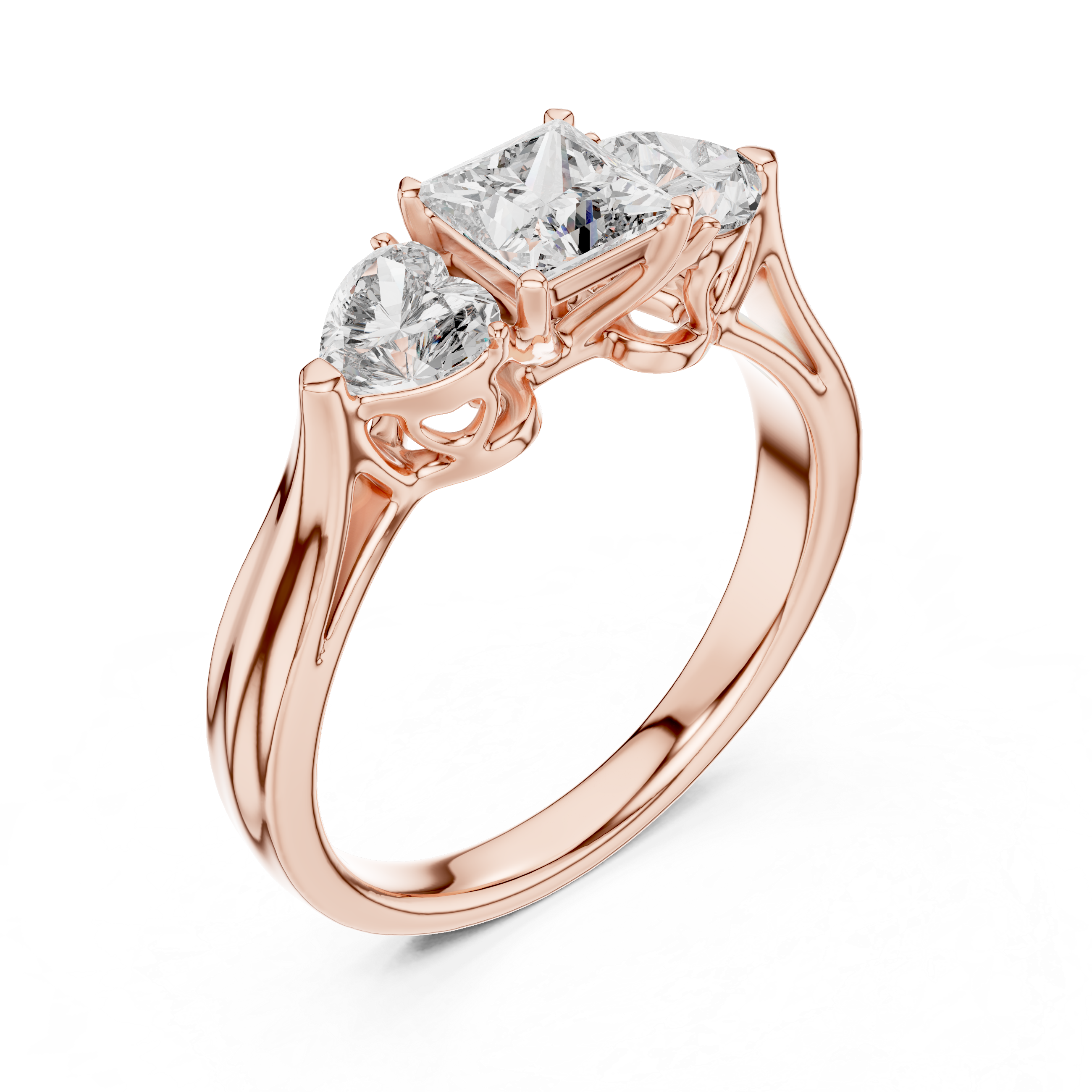 Three Stone Princess Diamond Ring With Heart Shaped Accents