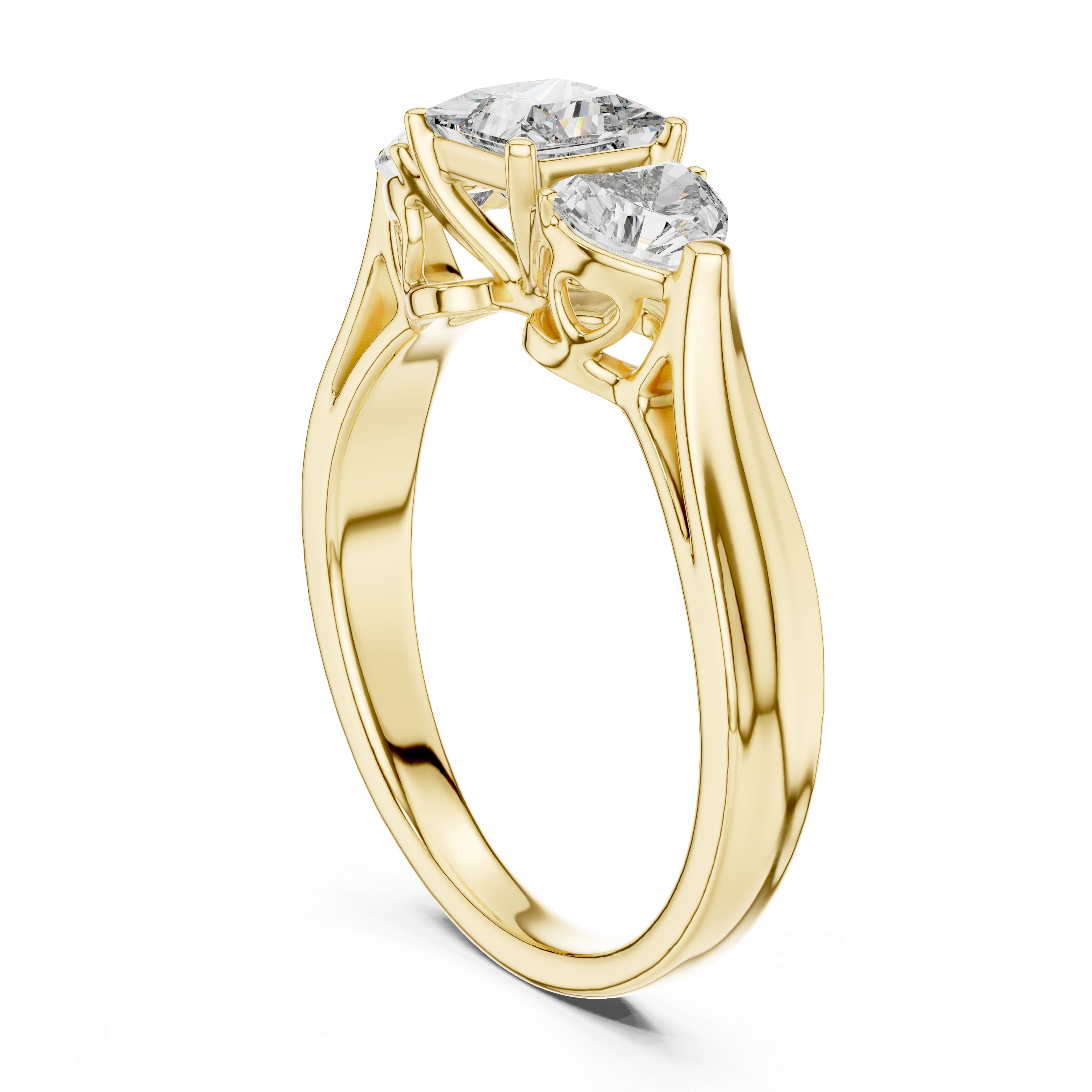 Three Stone Princess Diamond Ring With Heart Shaped Accents