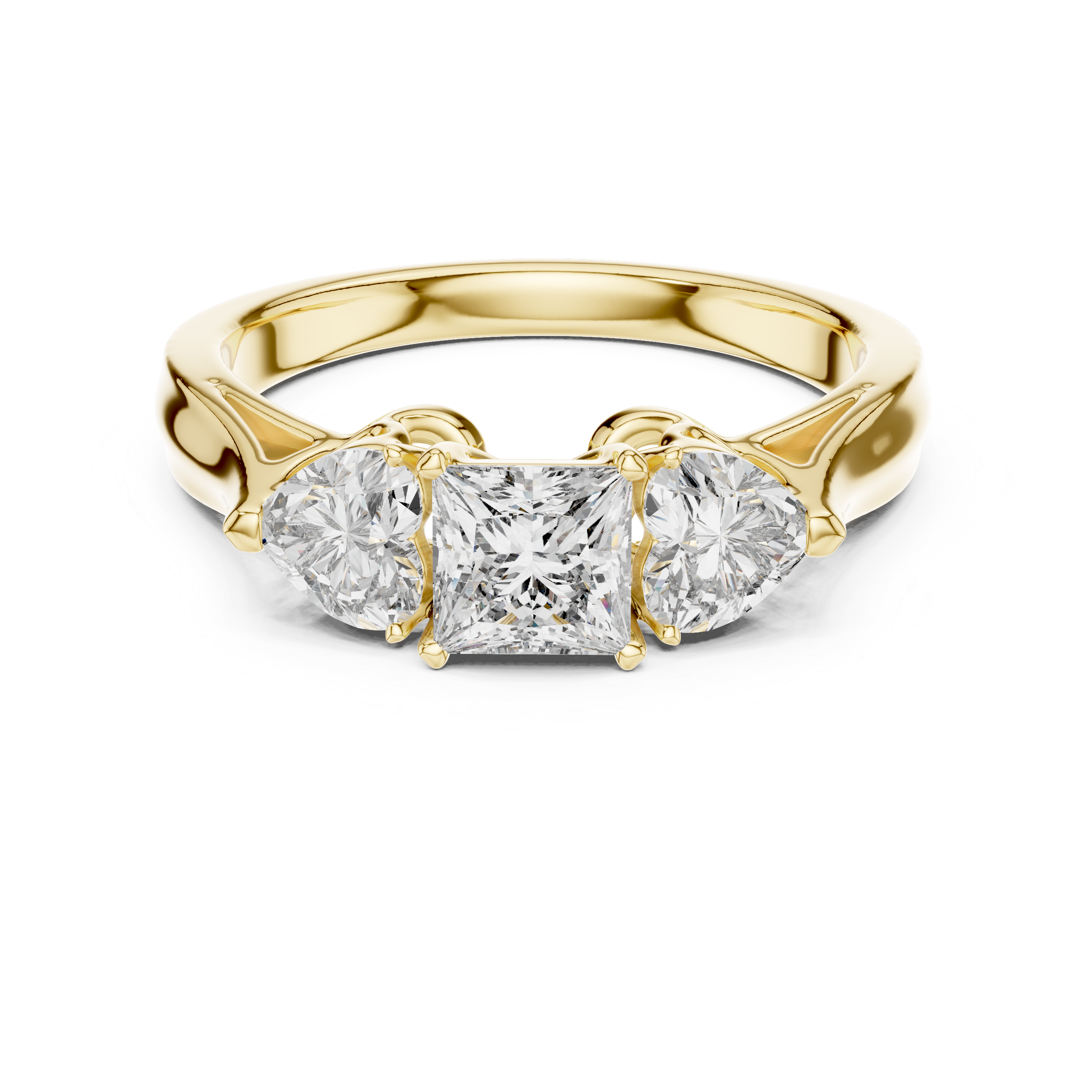Three Stone Princess Diamond Ring With Heart Shaped Accents
