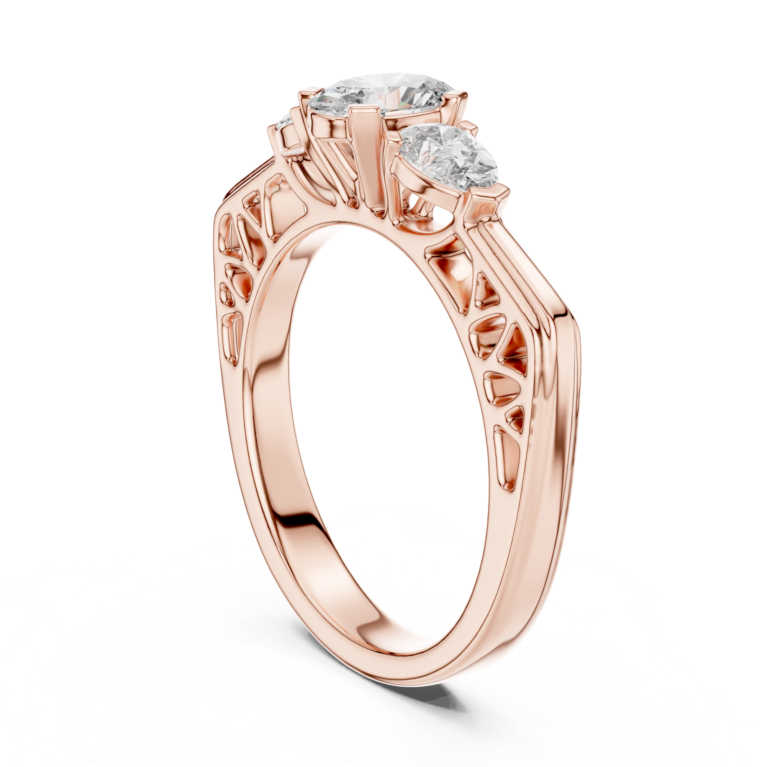 Three Stone Diamond Wedding Ring With Openwork Filigree Shank