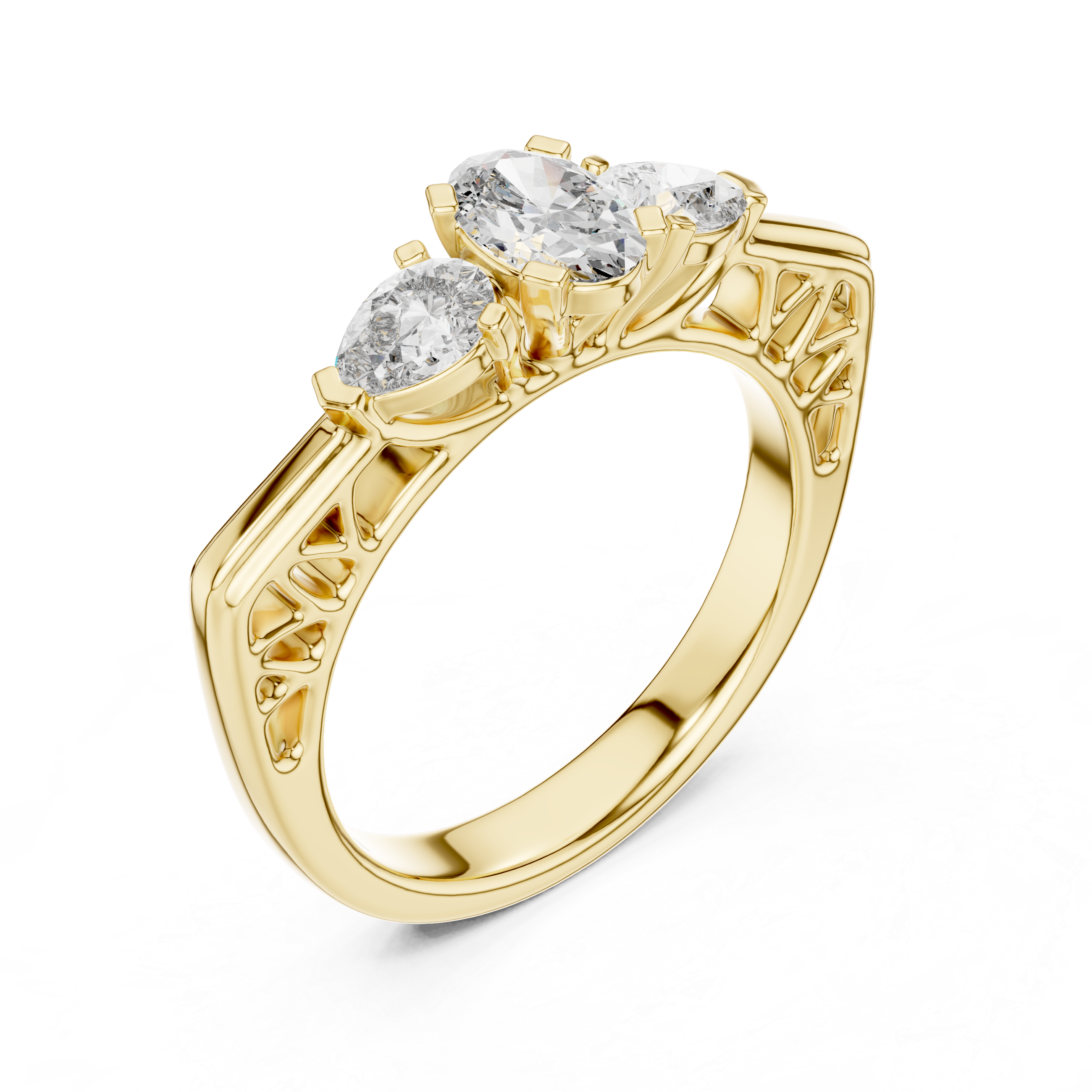 Three Stone Diamond Wedding Ring With Openwork Filigree Shank