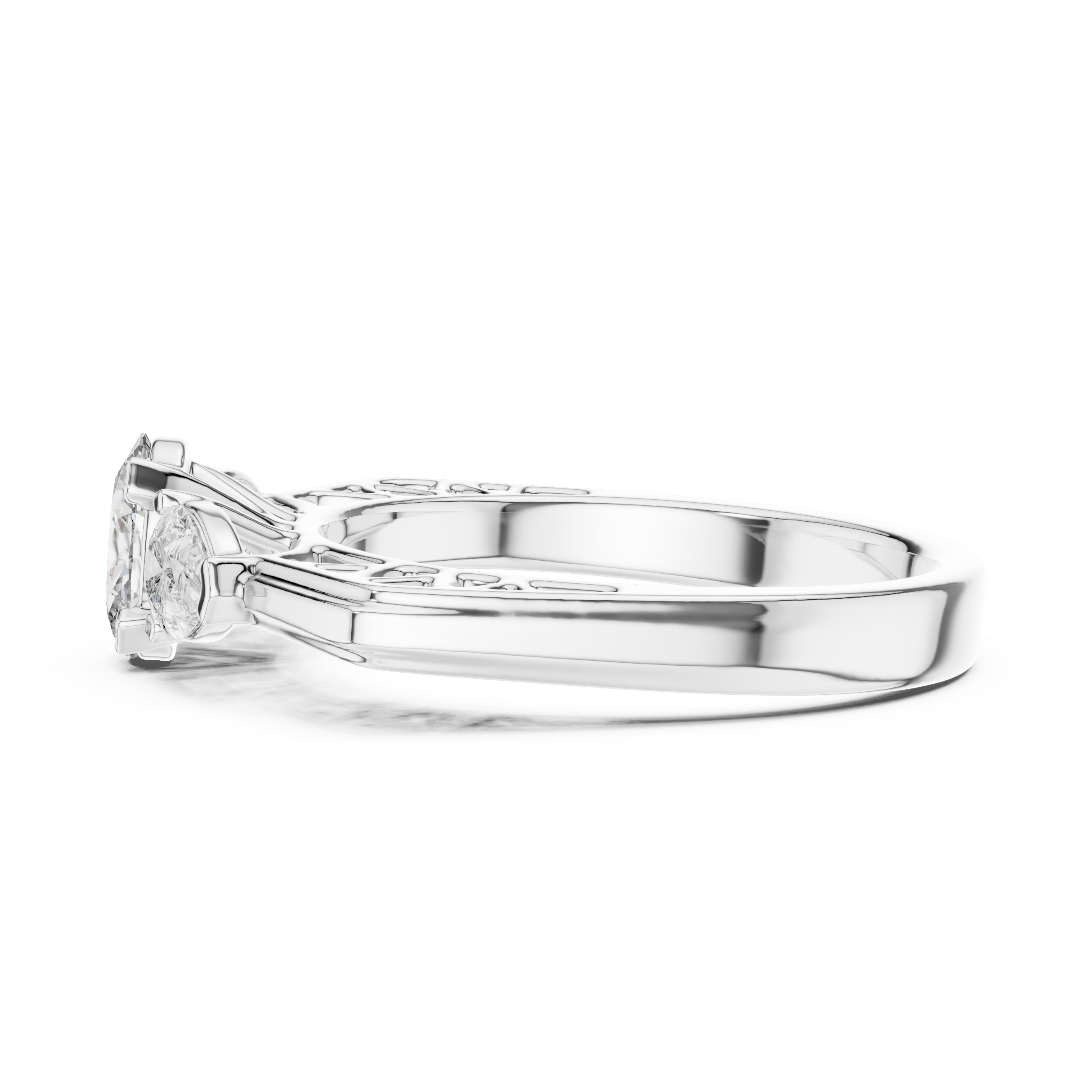Three Stone Diamond Wedding Ring With Openwork Filigree Shank