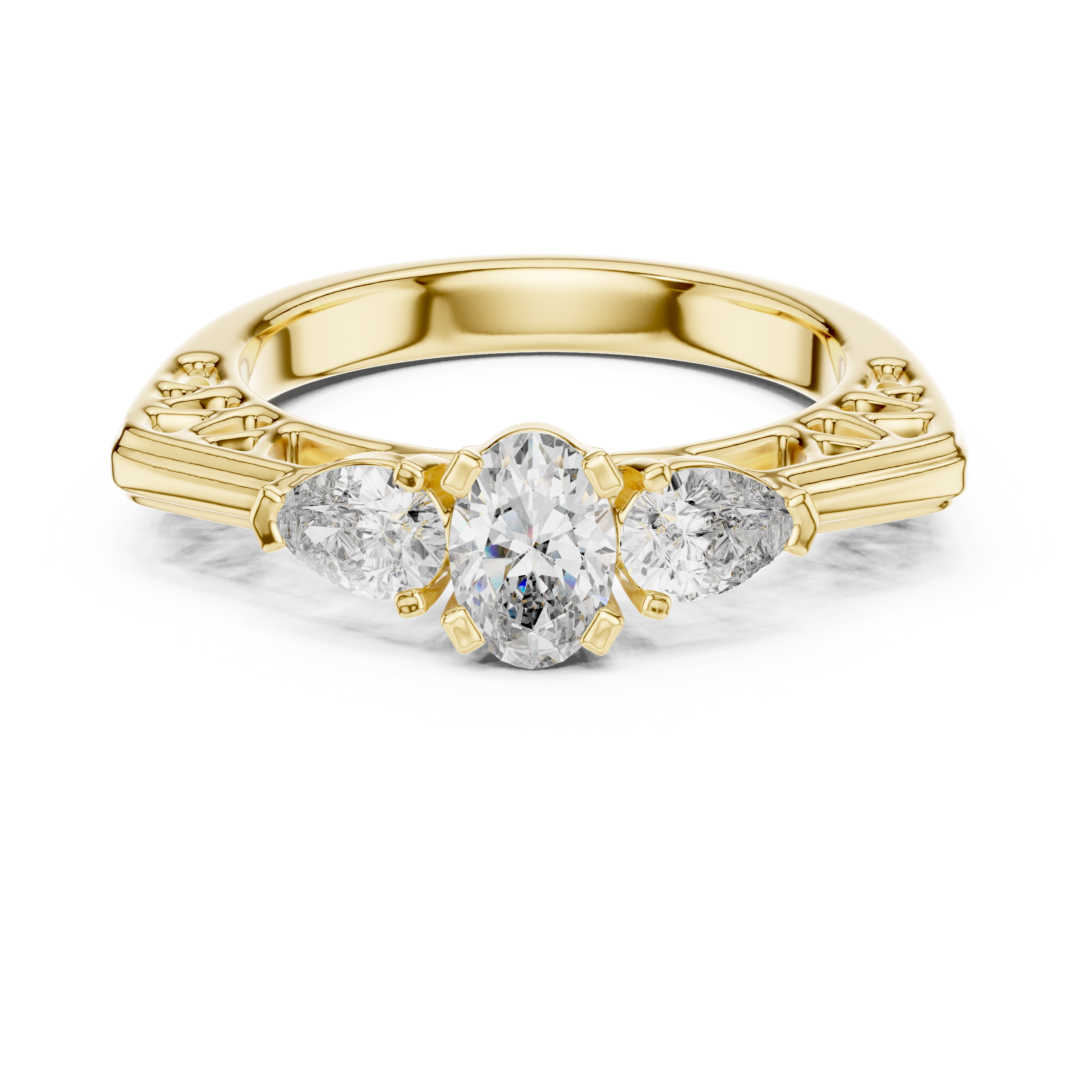 Three Stone Diamond Wedding Ring With Openwork Filigree Shank