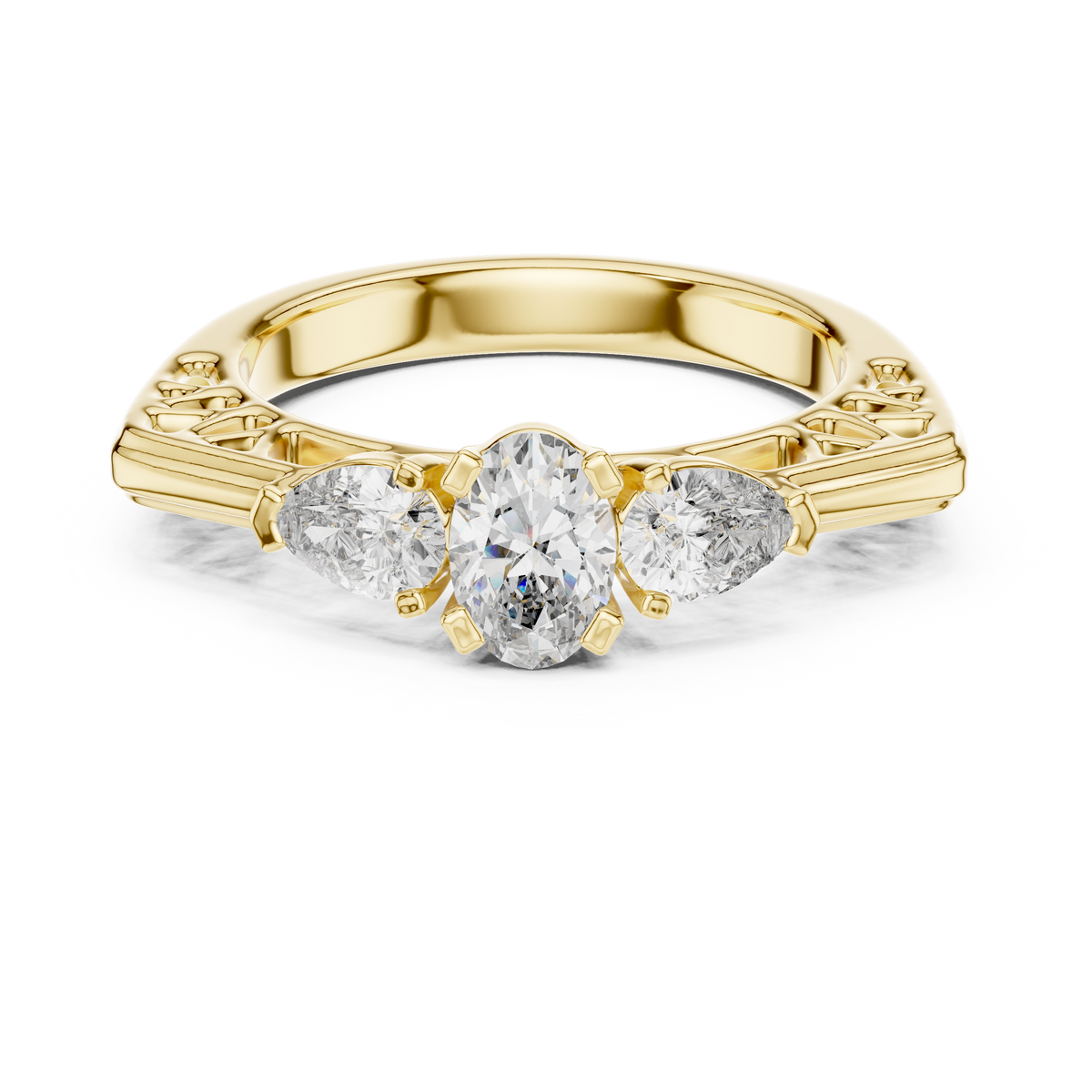 Three Stone Diamond Wedding Ring With Openwork Filigree Shank