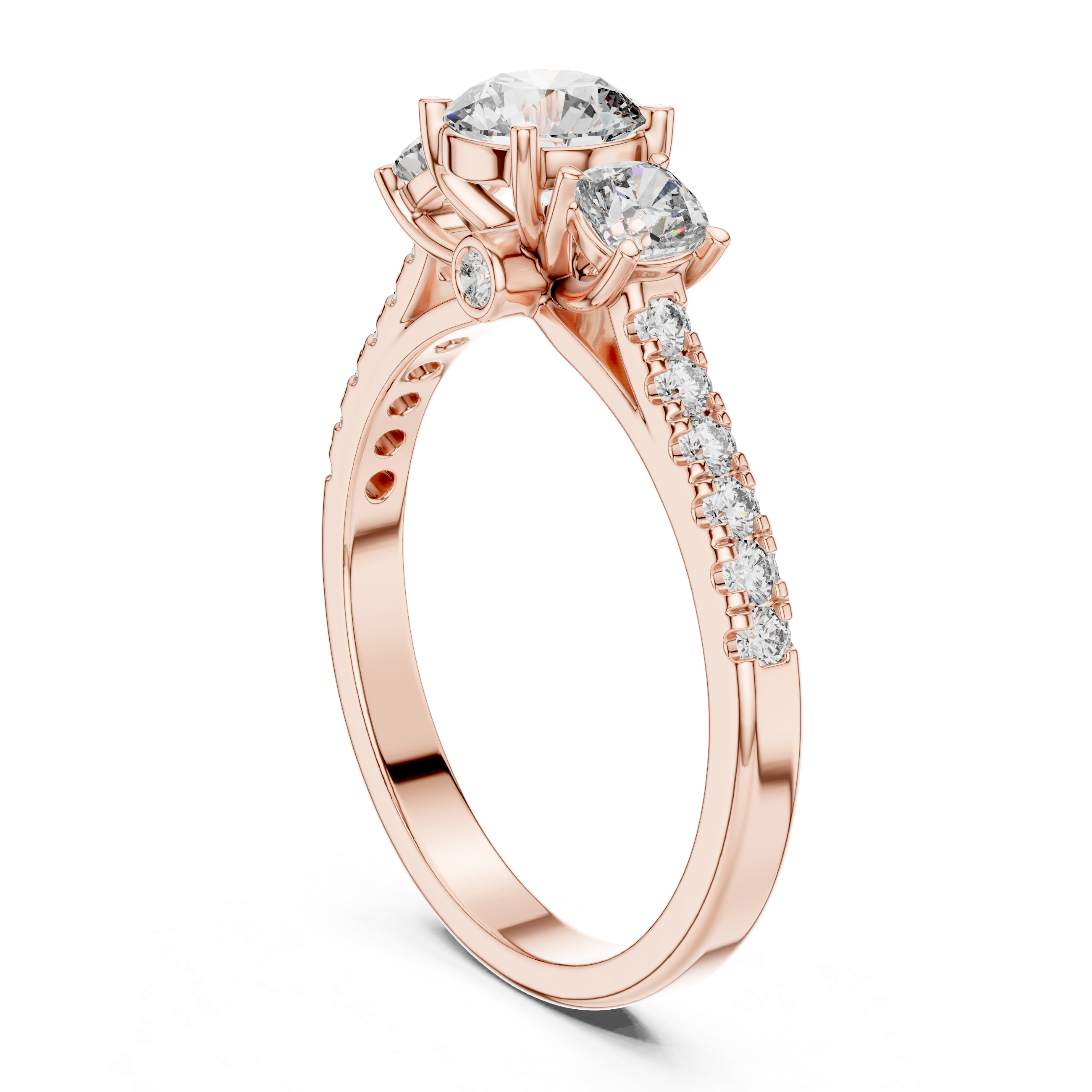 Round Trio Diamond Ring With Scalloped Pave Band