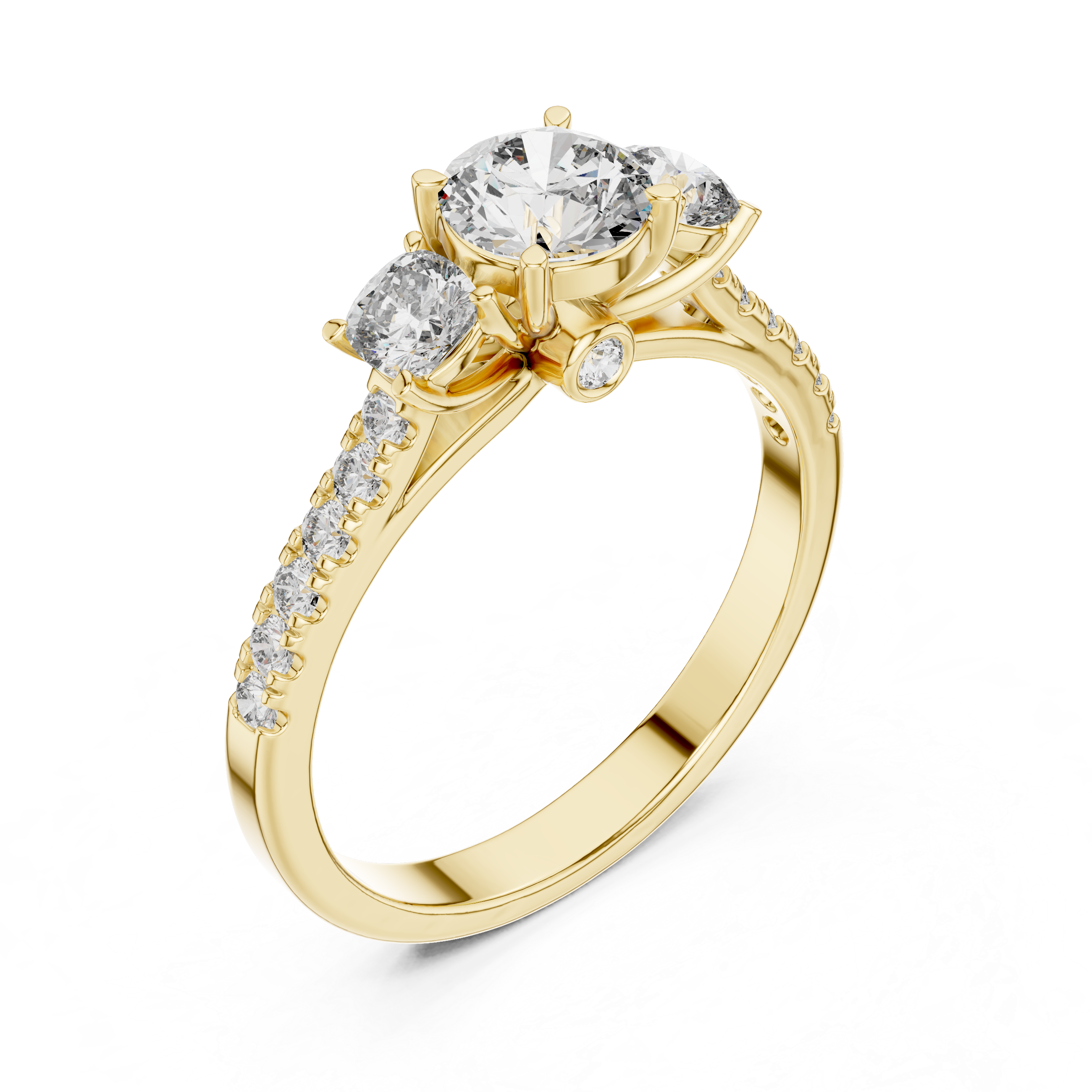Round Trio Diamond Ring With Scalloped Pave Band