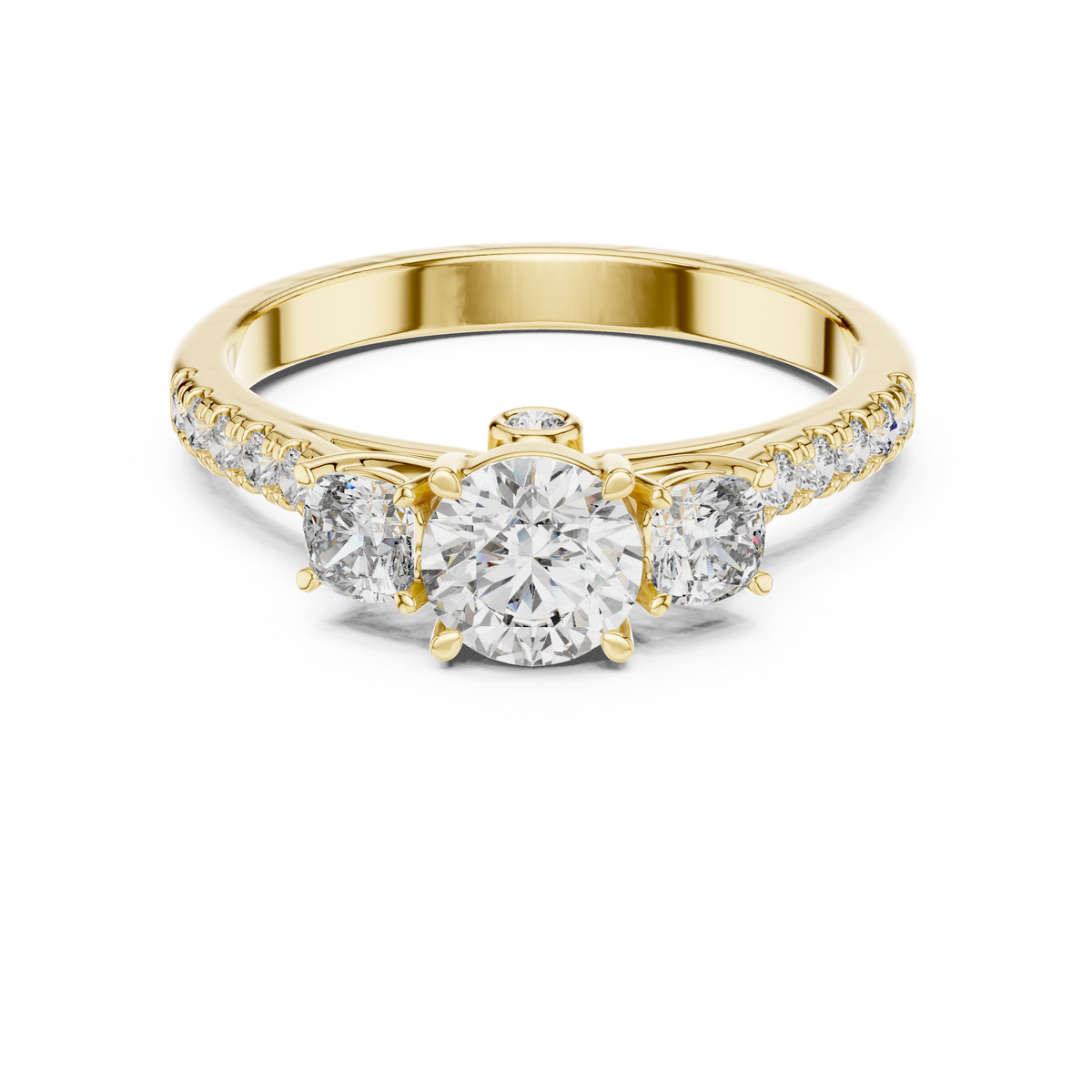 Round Trio Diamond Ring With Scalloped Pave Band