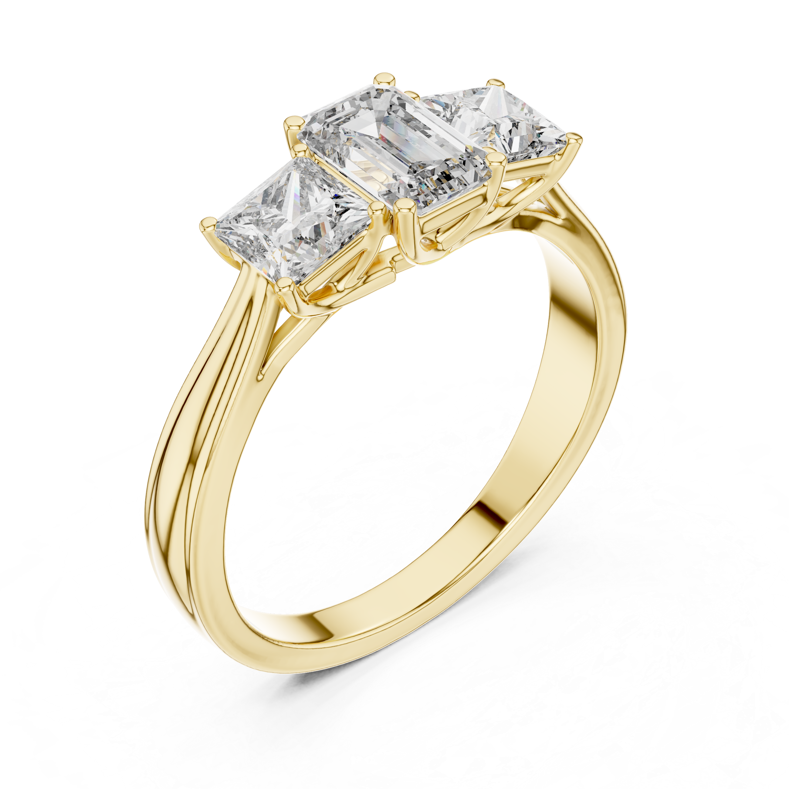 Emerald Center Diamond Trio Ring with Princess Cut Side Stones