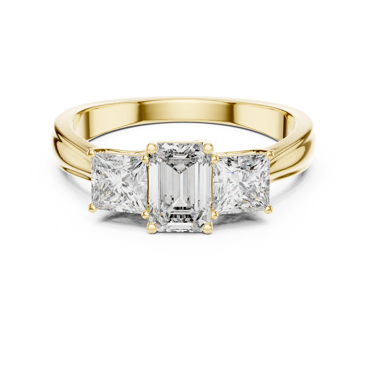 Emerald Center Diamond Trio Ring with Princess Cut Side Stones