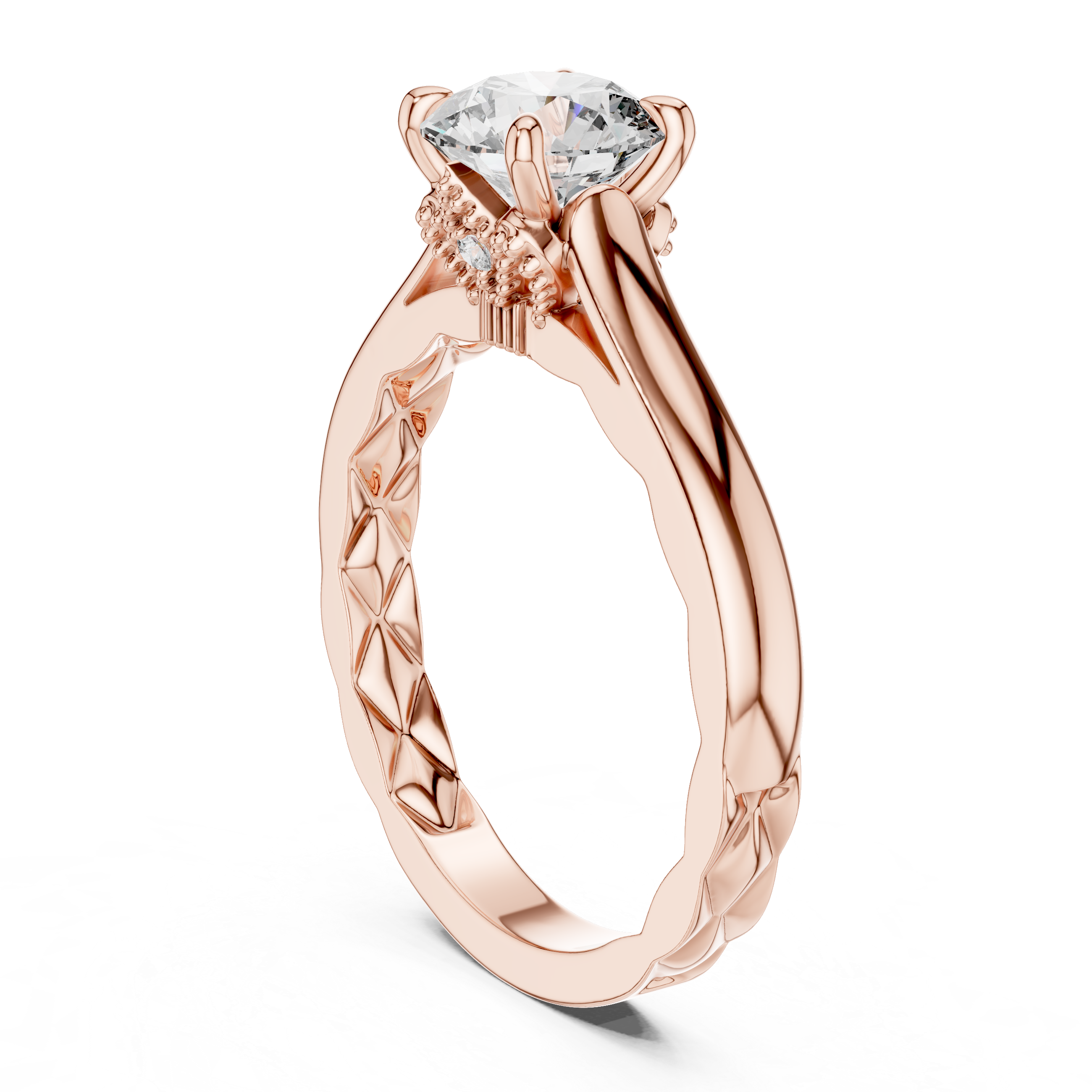 Round Brilliant Diamond Engagement Ring With Quilted Textured Shank