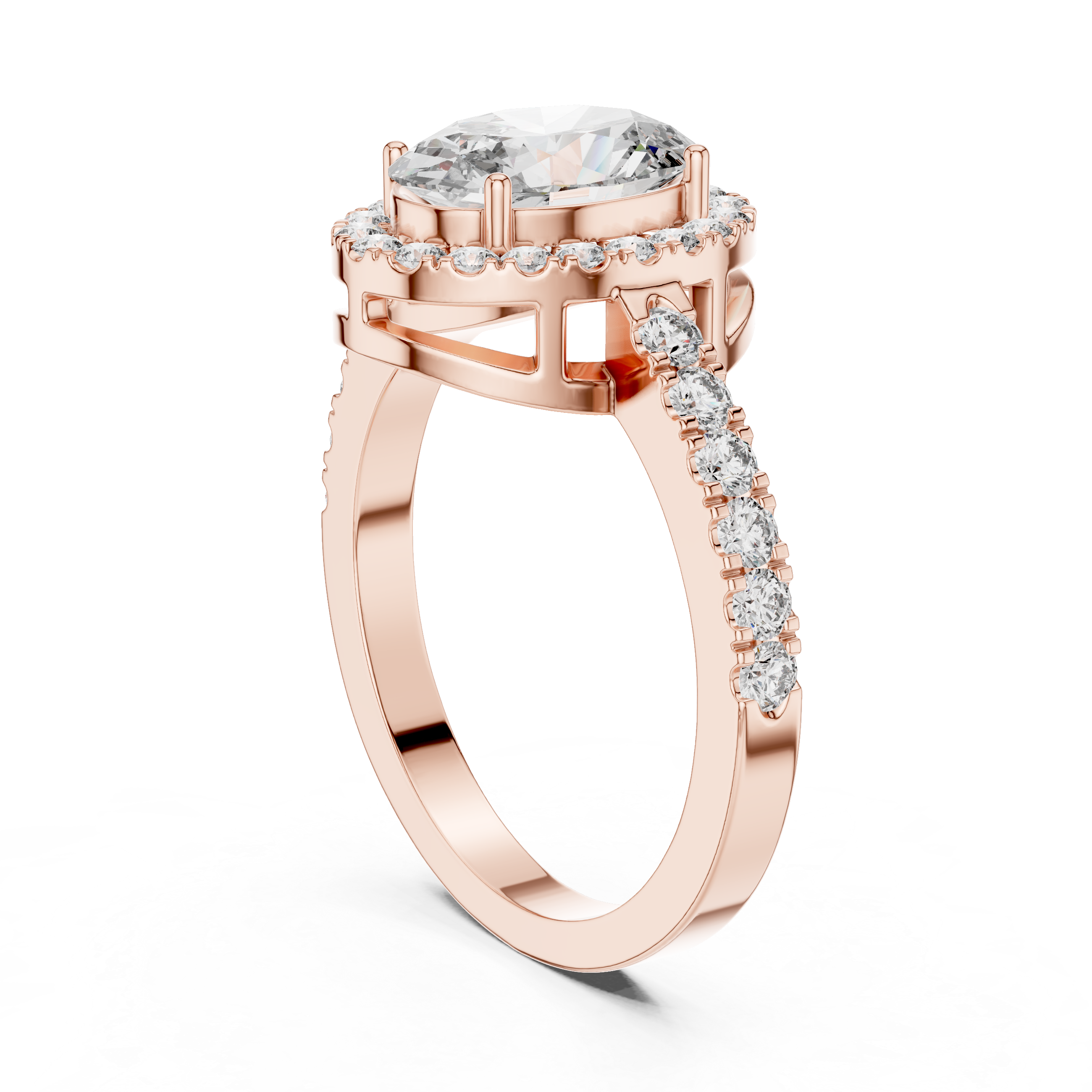 Oval Cut Diamond Halo Engagement Ring with Pave Diamond Band