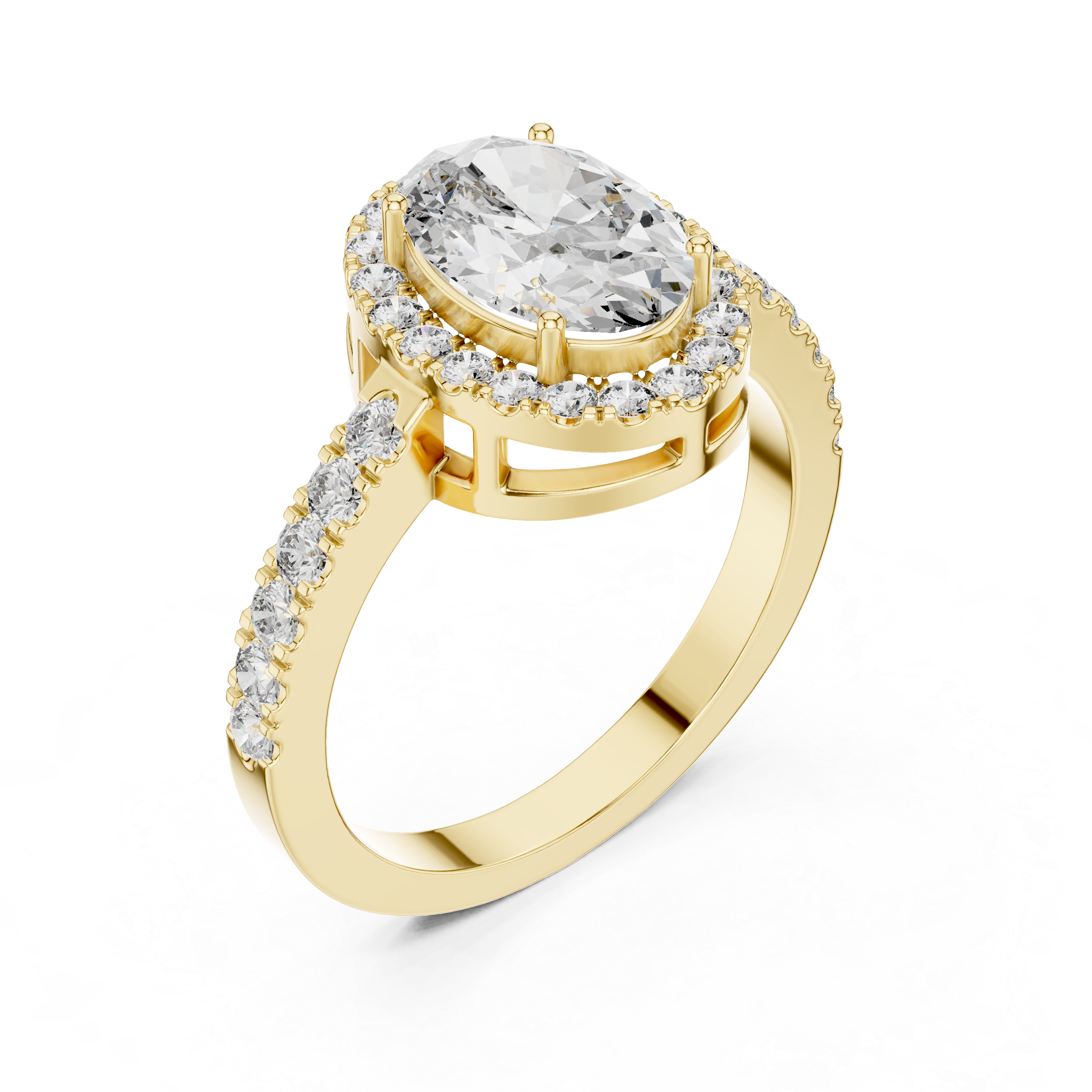 Oval Cut Diamond Halo Engagement Ring with Pave Diamond Band