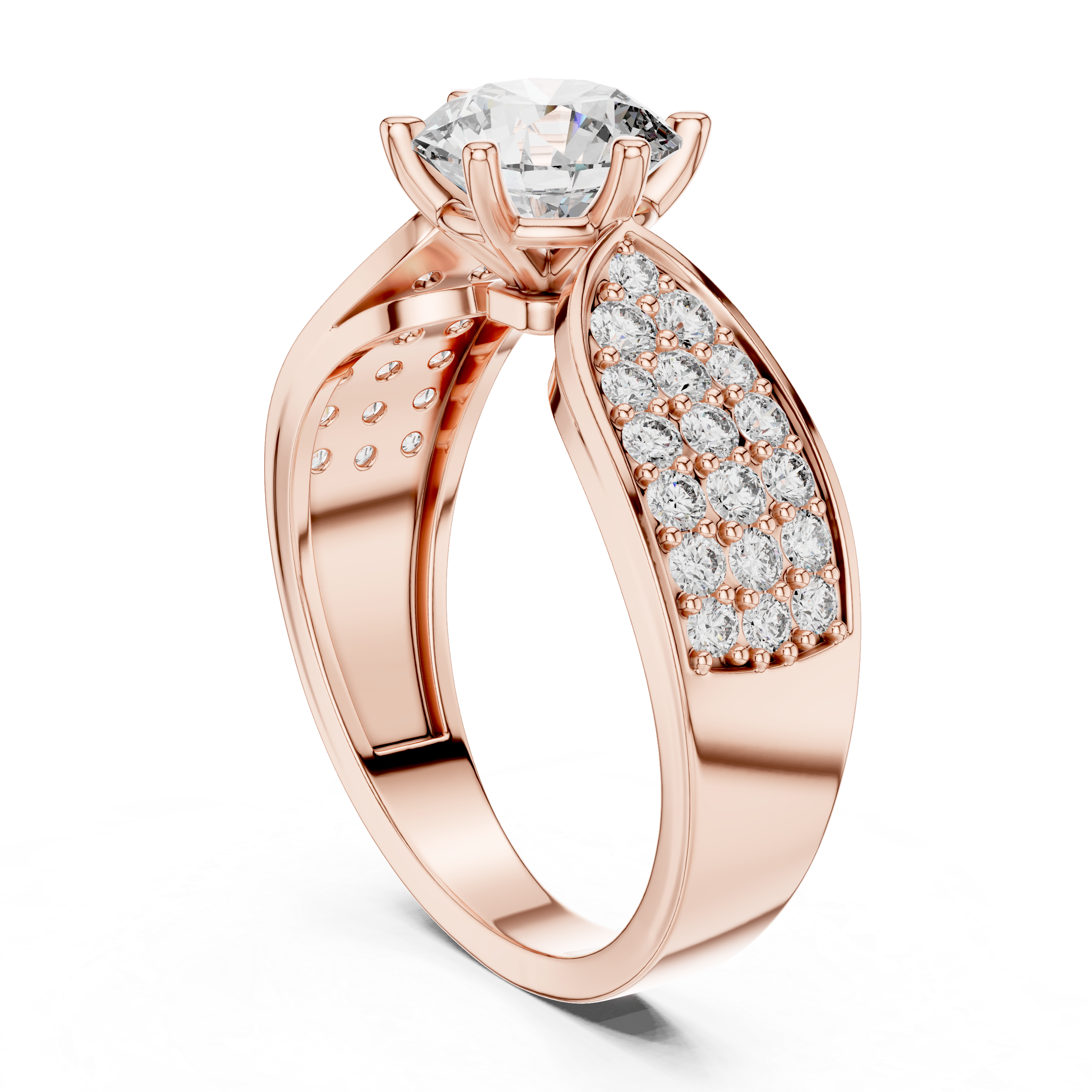 Round Brilliant Cut Diamond Bridal Ring With Wide Pave Band