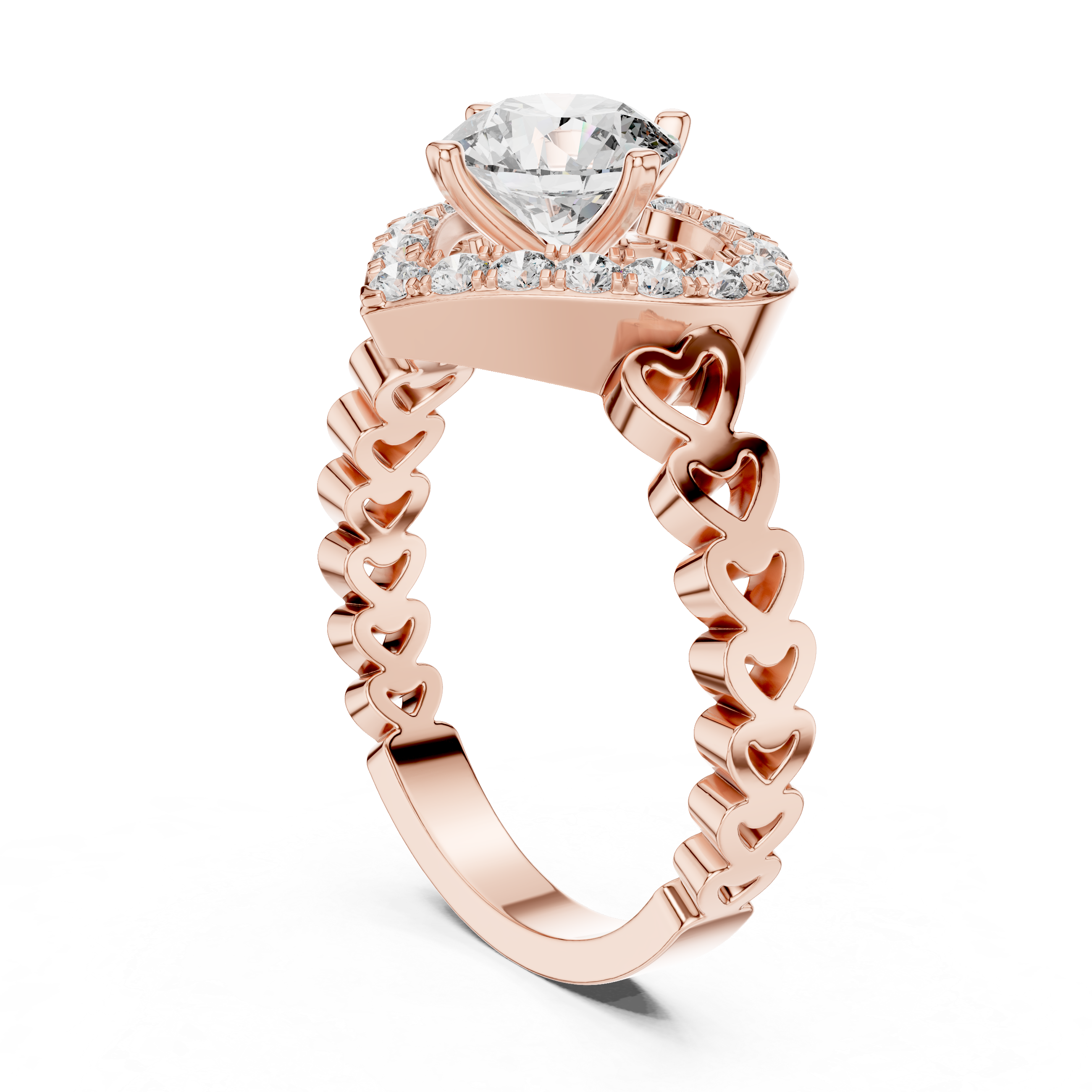 Round Cut Halo Diamond Wedding Ring With Heart Motif Band