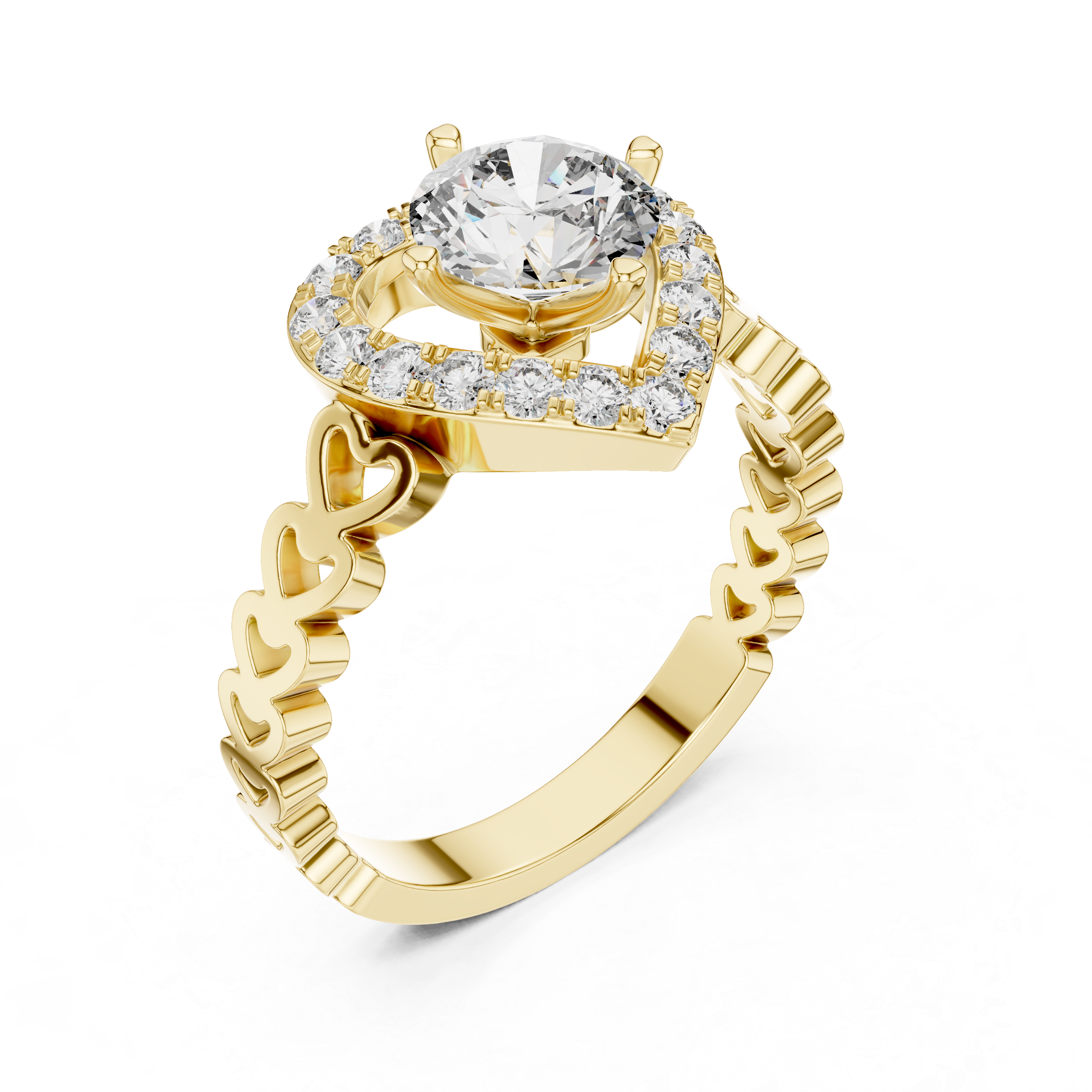Round Cut Halo Diamond Wedding Ring With Heart Motif Band