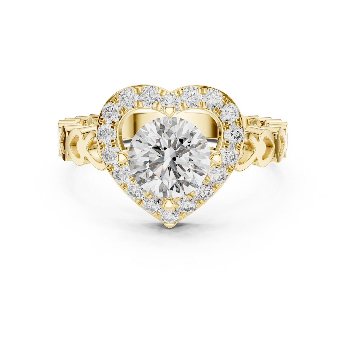 Round Cut Halo Diamond Wedding Ring With Heart Motif Band