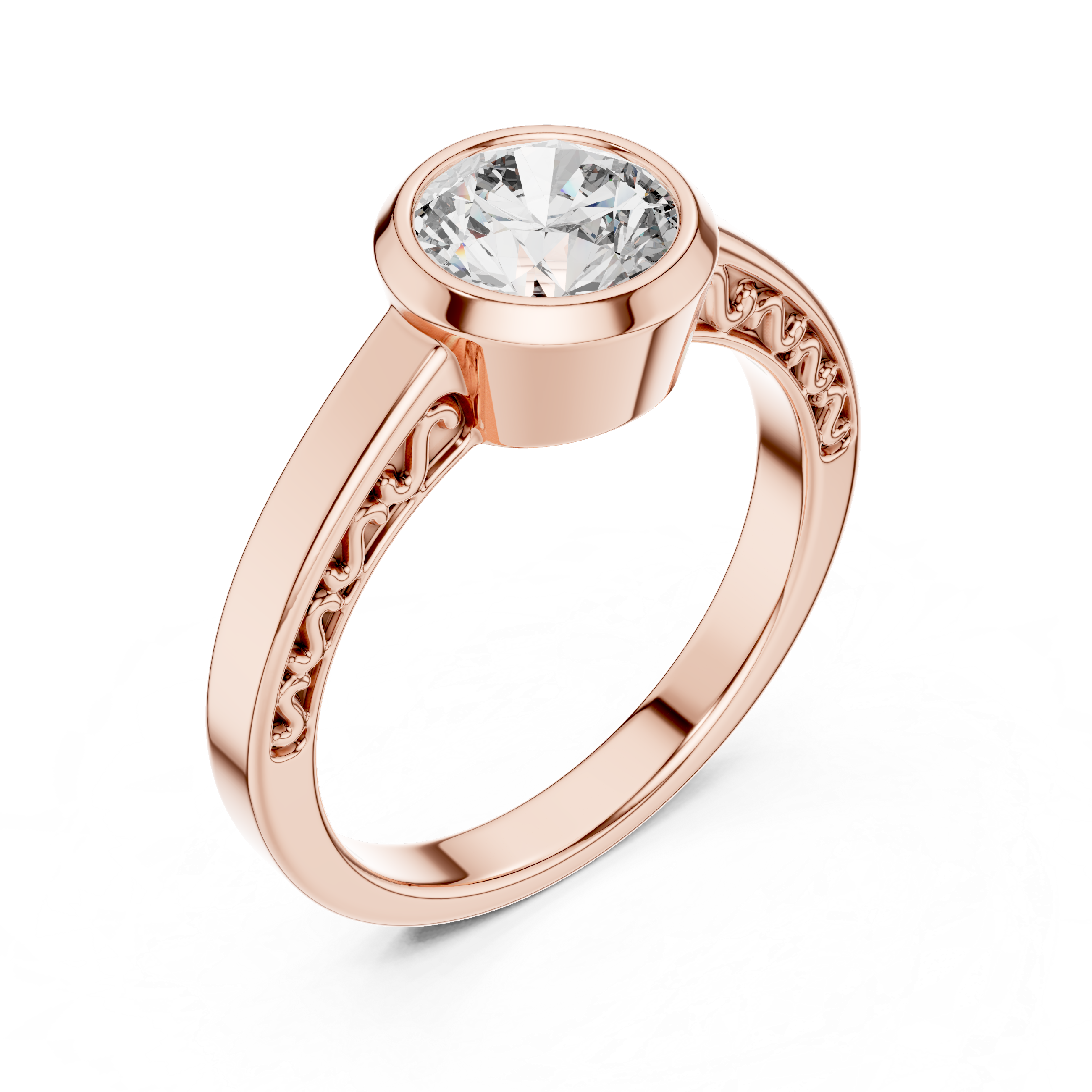 Round Diamond Bezel Set Filigree Gallery Ring
