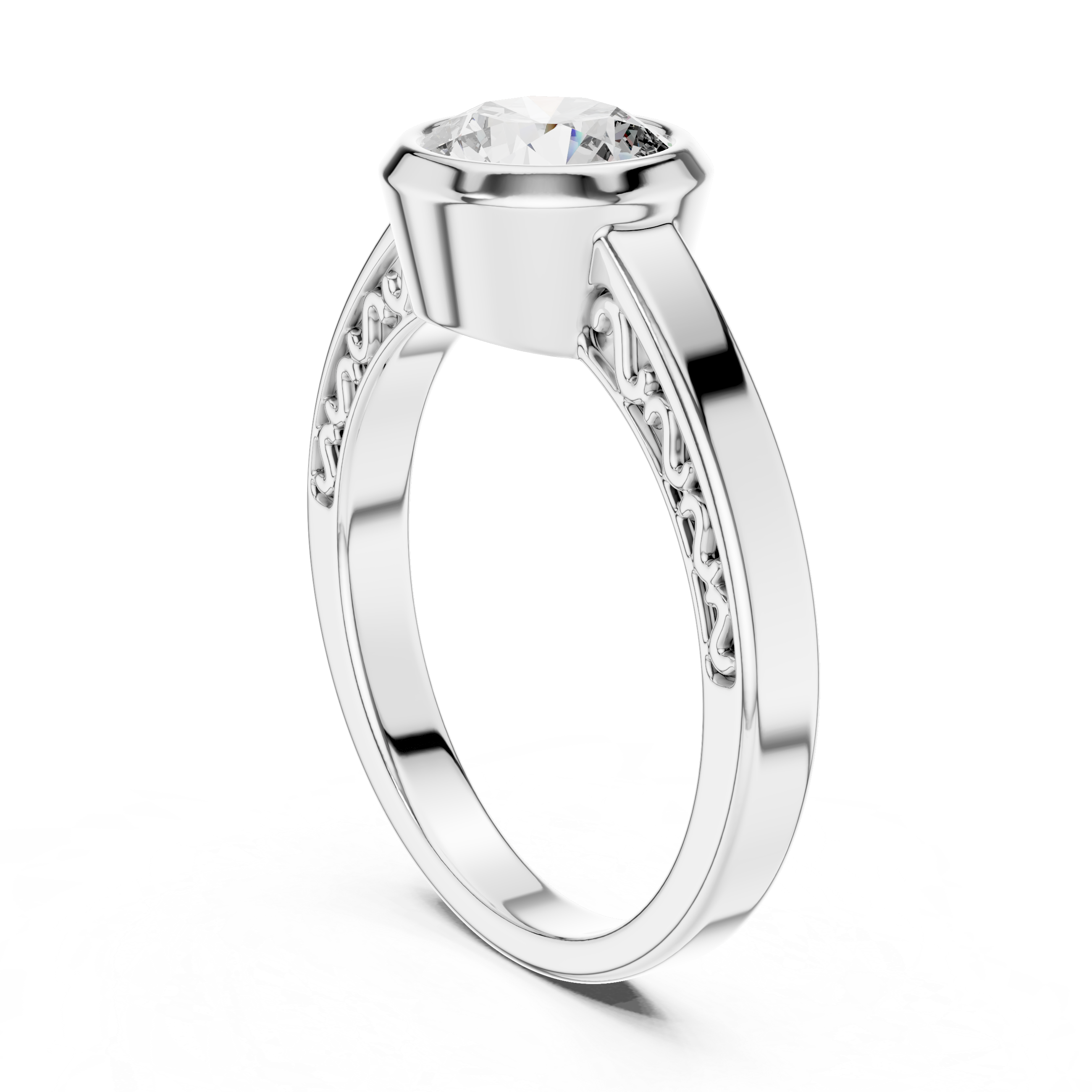 Round Diamond Bezel Set Filigree Gallery Ring