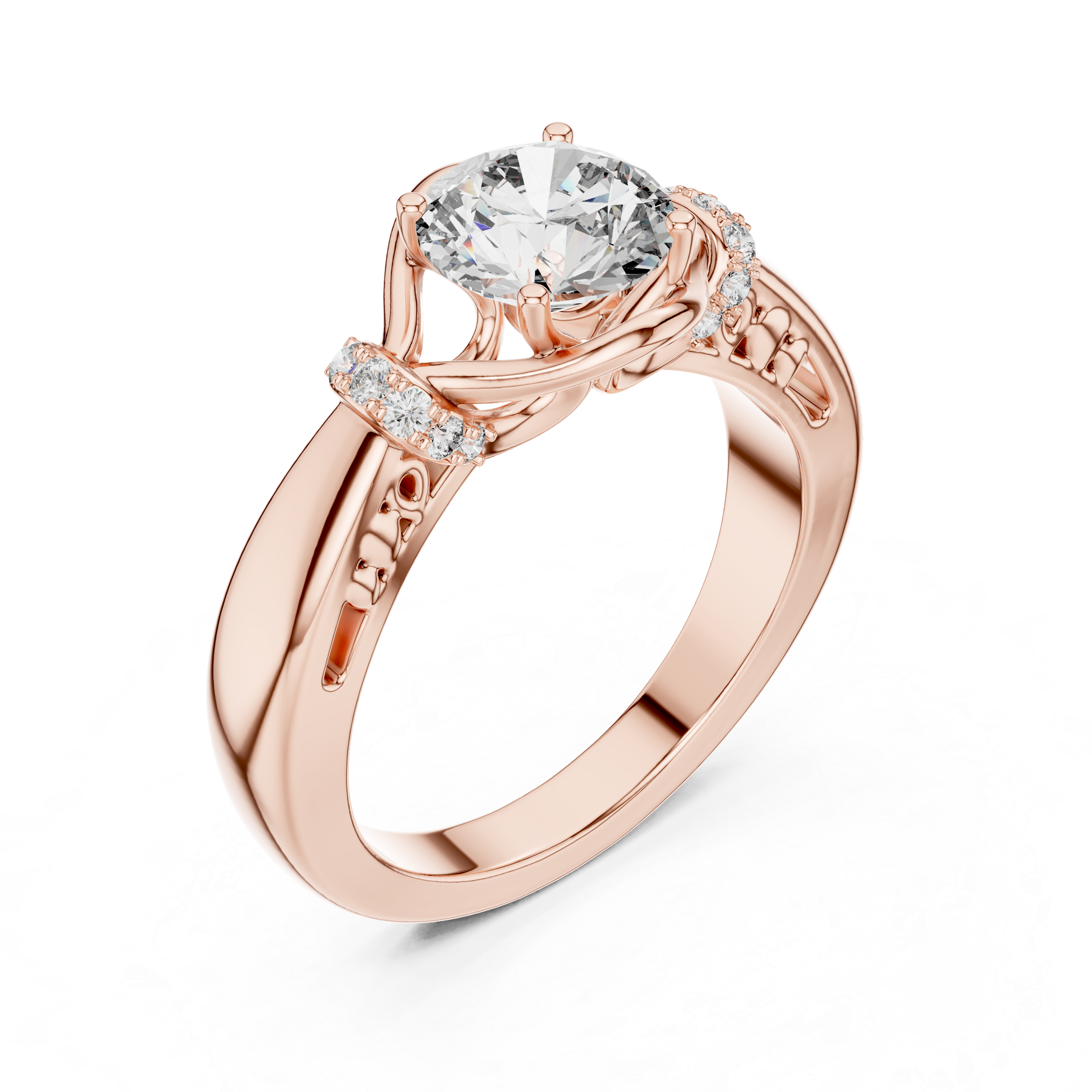 Unique Round Cut Filigree Shank With Hidden Halo Ring