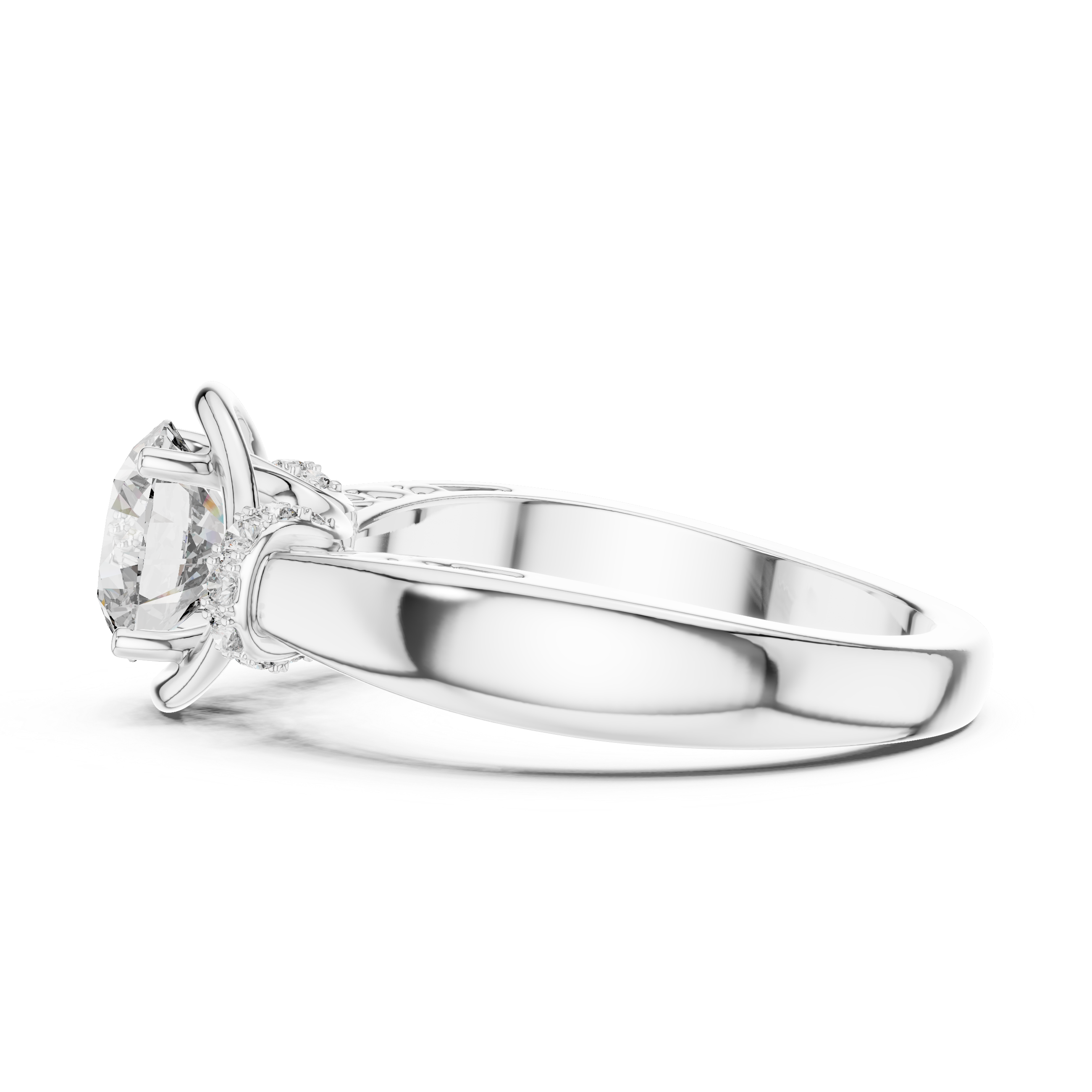 Unique Round Cut Filigree Shank With Hidden Halo Ring