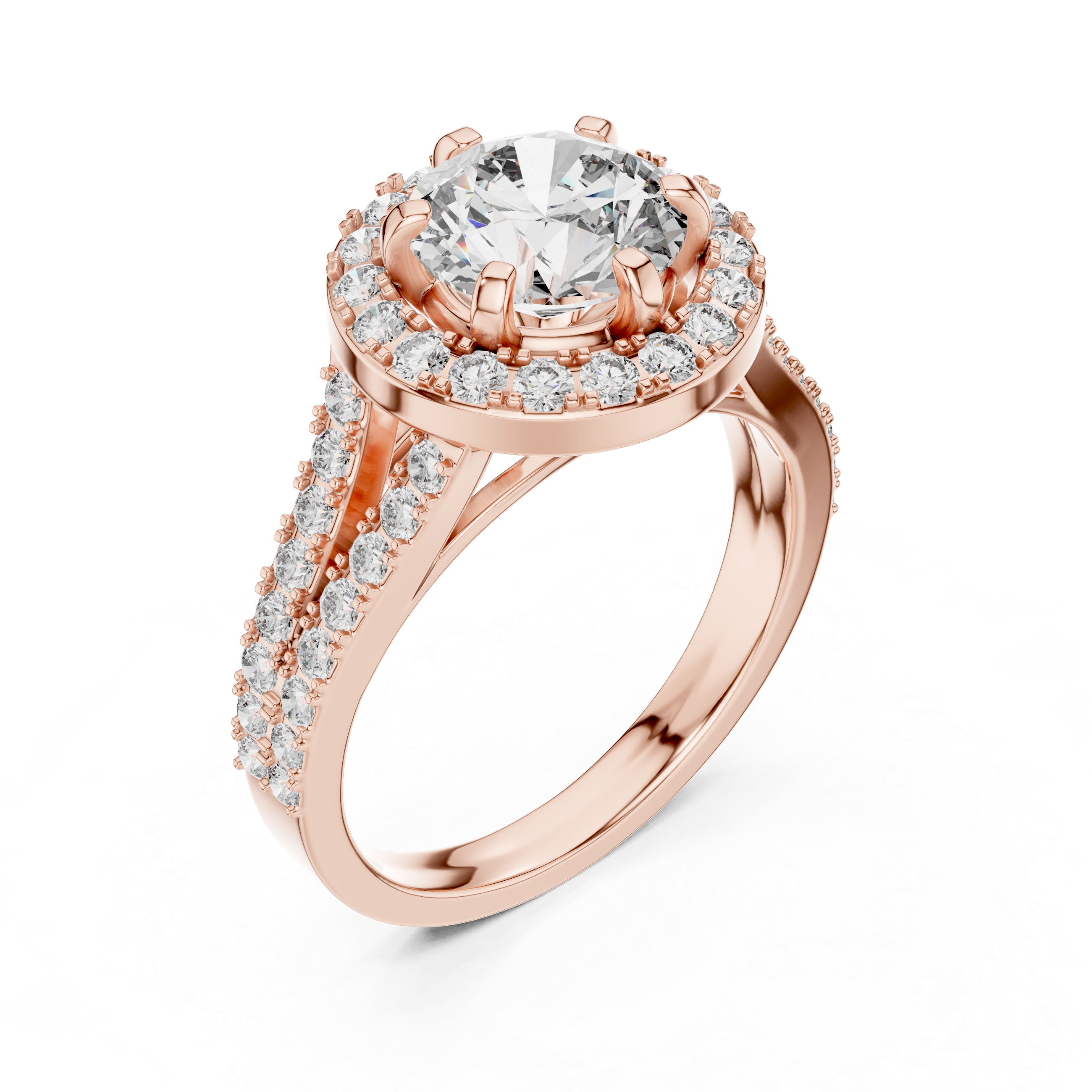 Split Shank Round Cut Diamond with Halo Ring