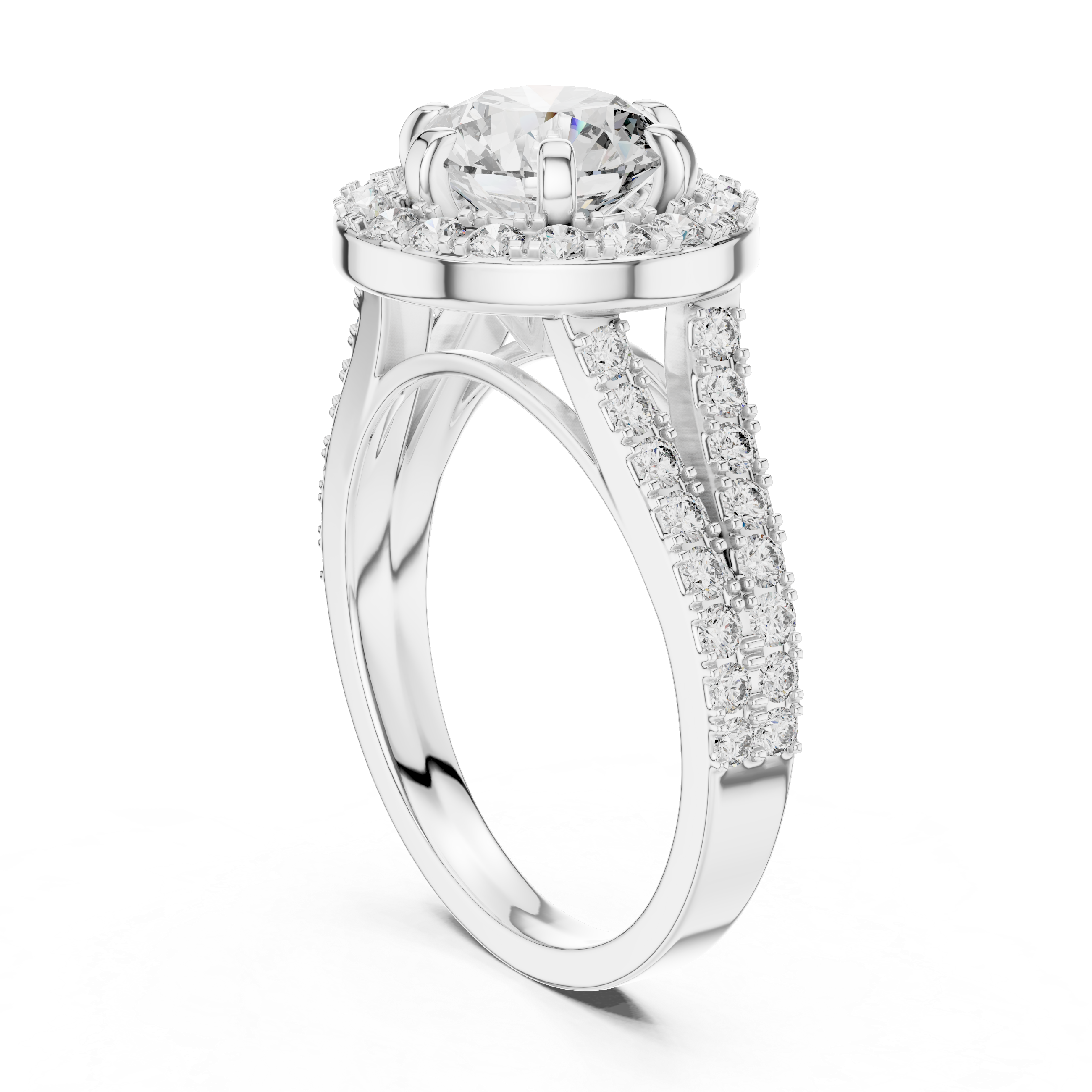 Split Shank Round Cut Diamond with Halo Ring