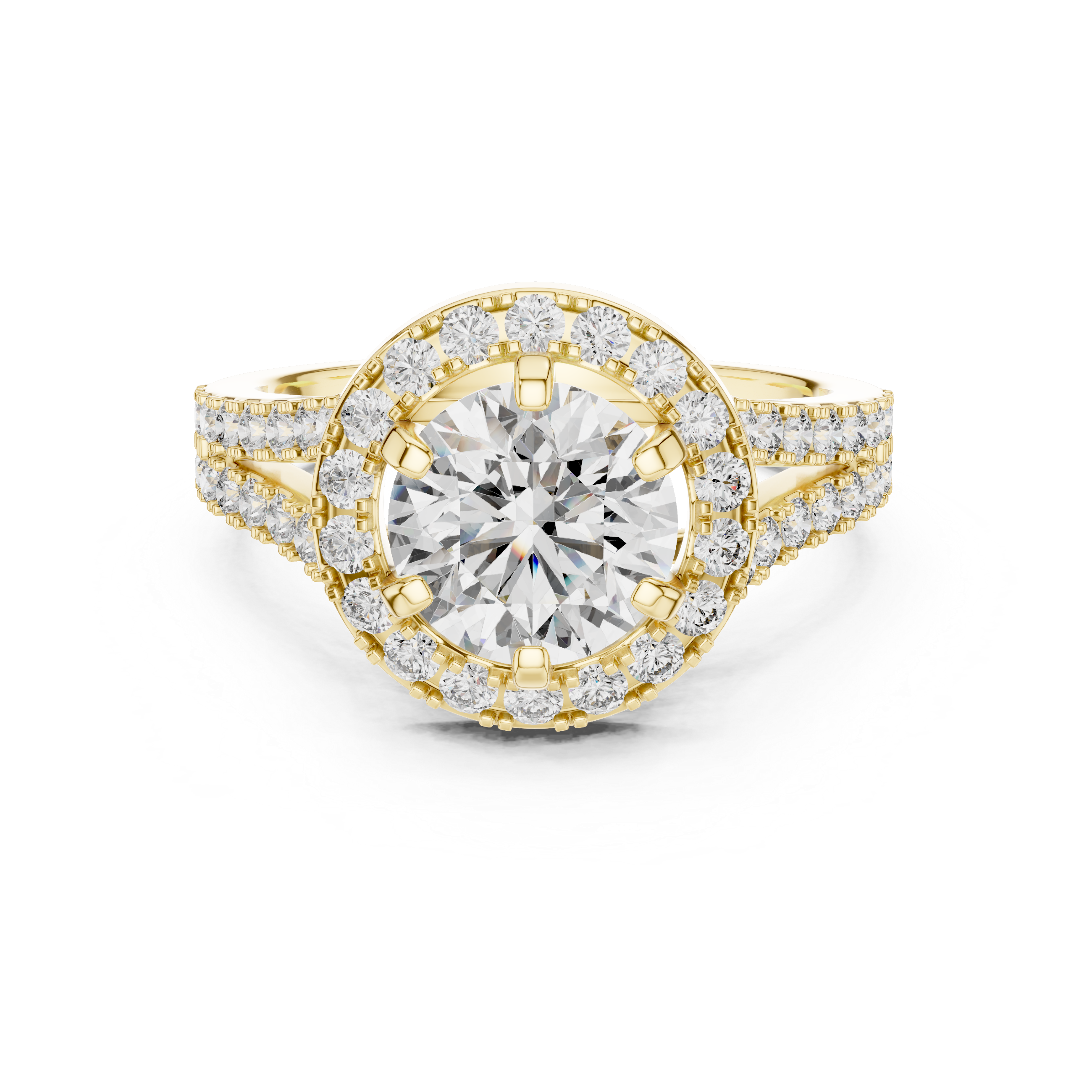 Split Shank Round Cut Diamond with Halo Ring
