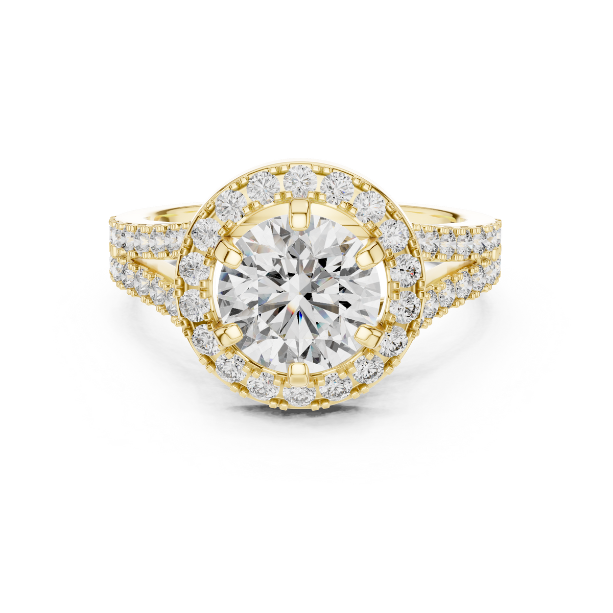 Split Shank Round Cut Diamond with Halo Ring