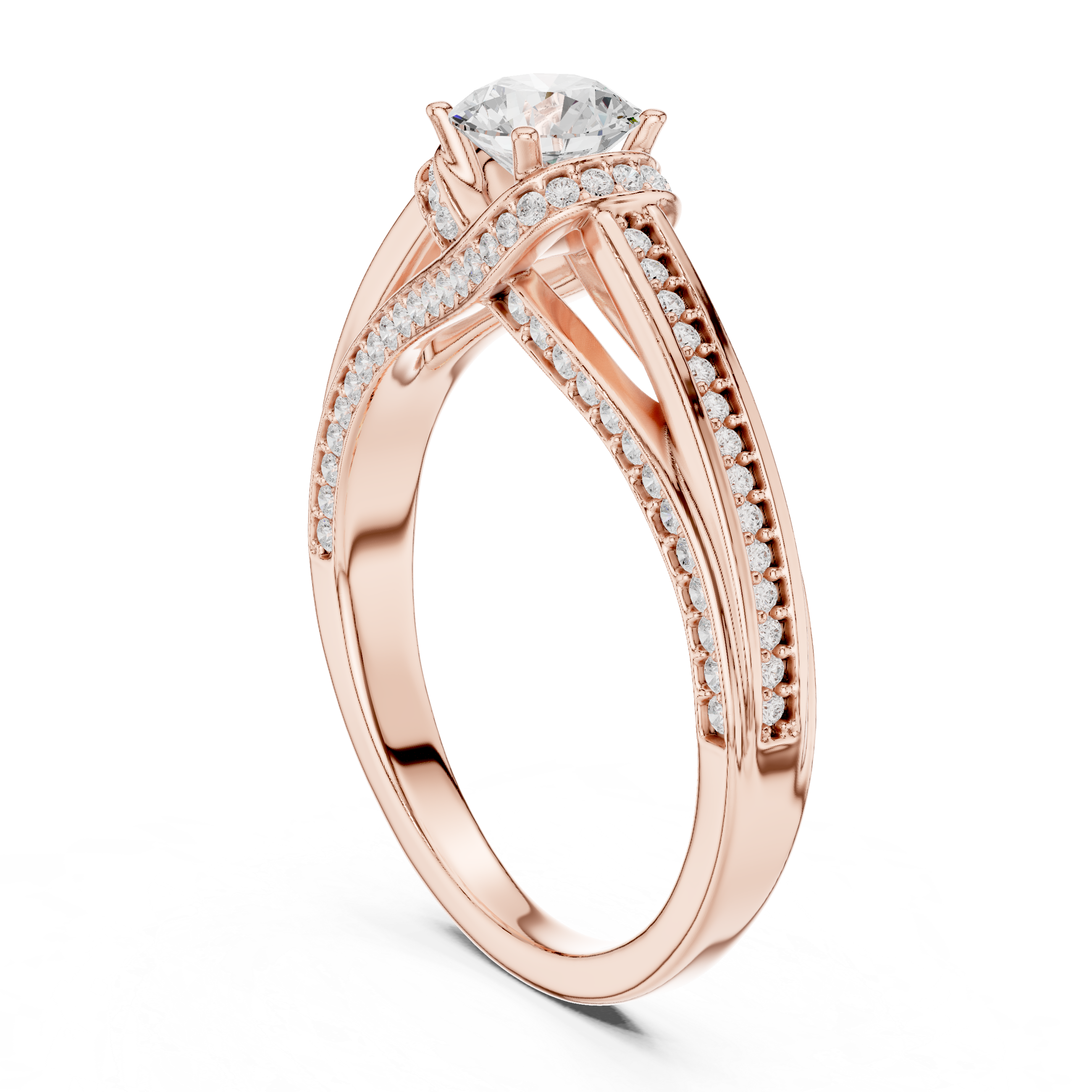 Round Brilliant Engagement Ring With Criss Cross Pave Band
