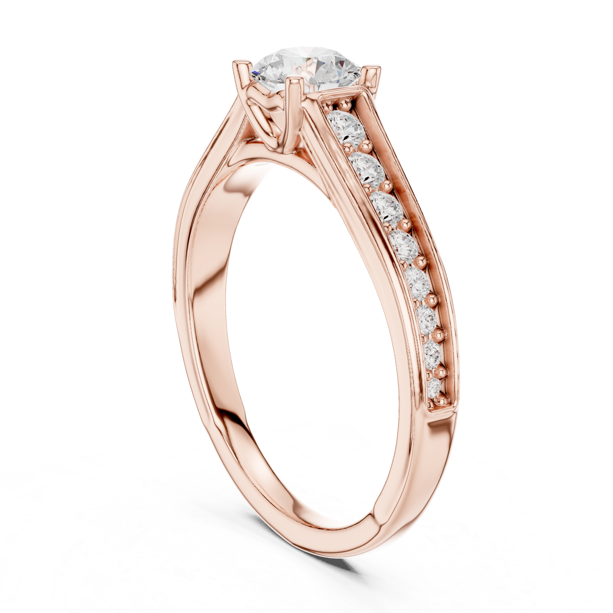 Round Brilliant Cathedral Shank Ring With Pave Shoulders