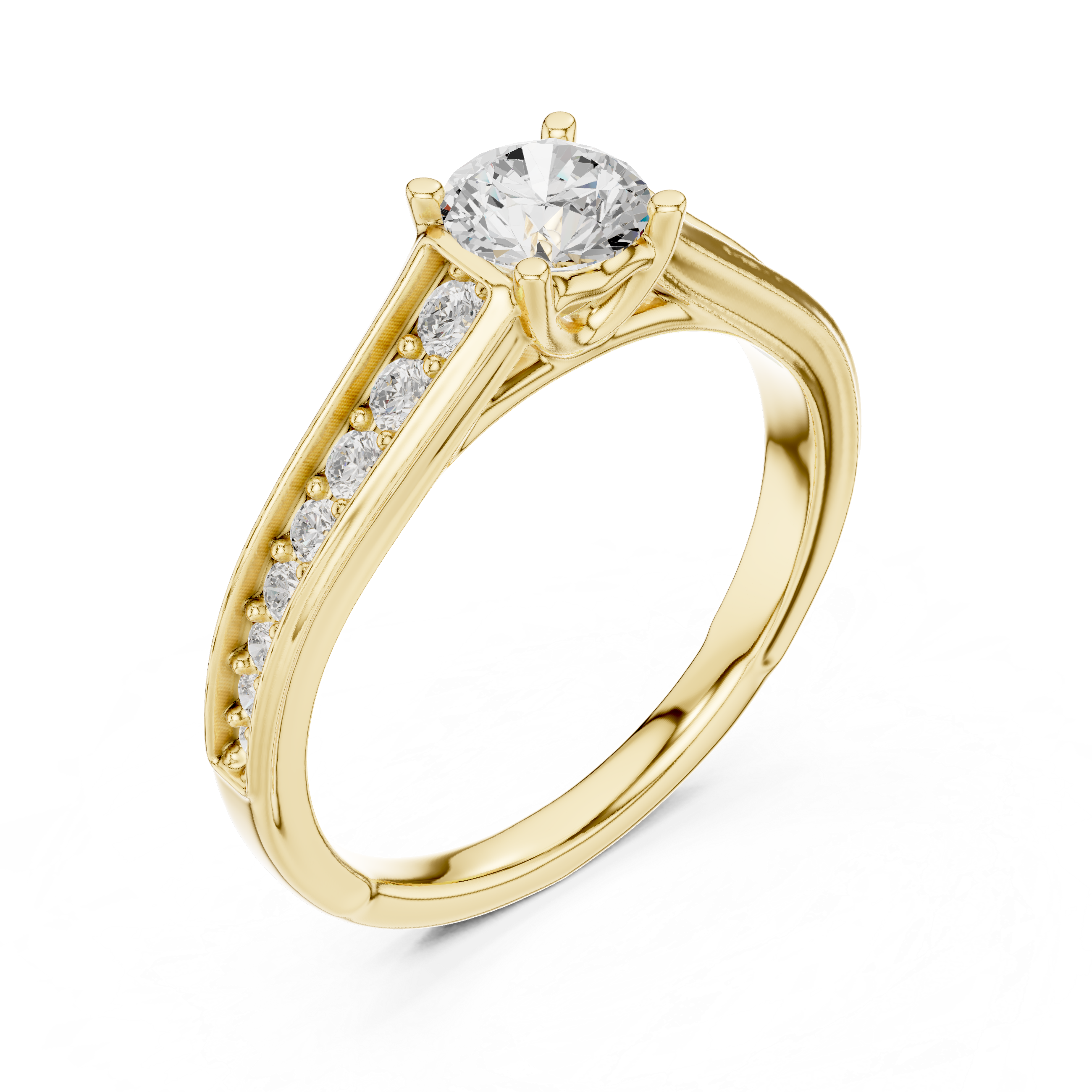 Round Brilliant Cathedral Shank Ring With Pave Shoulders