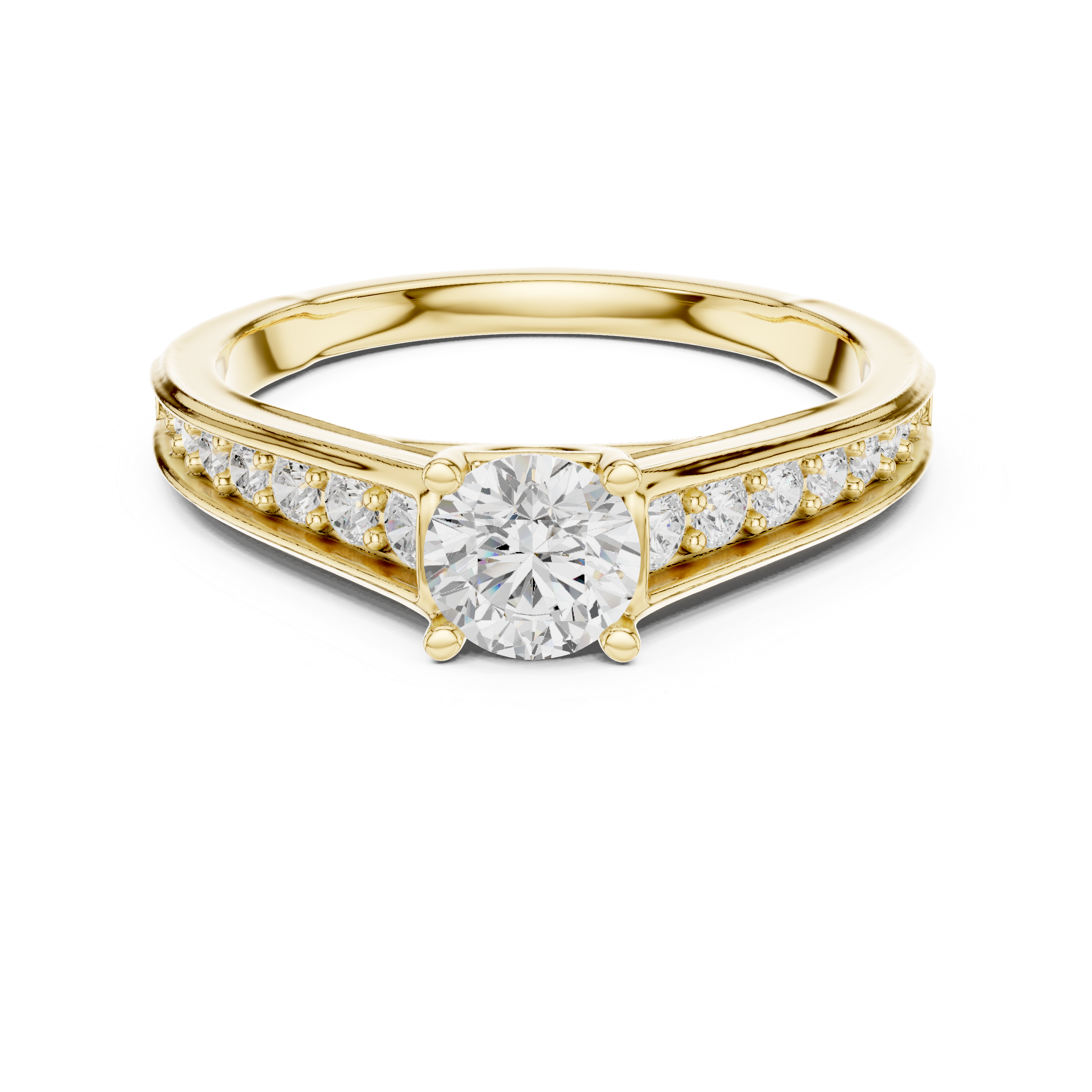 Round Brilliant Cathedral Shank Ring With Pave Shoulders