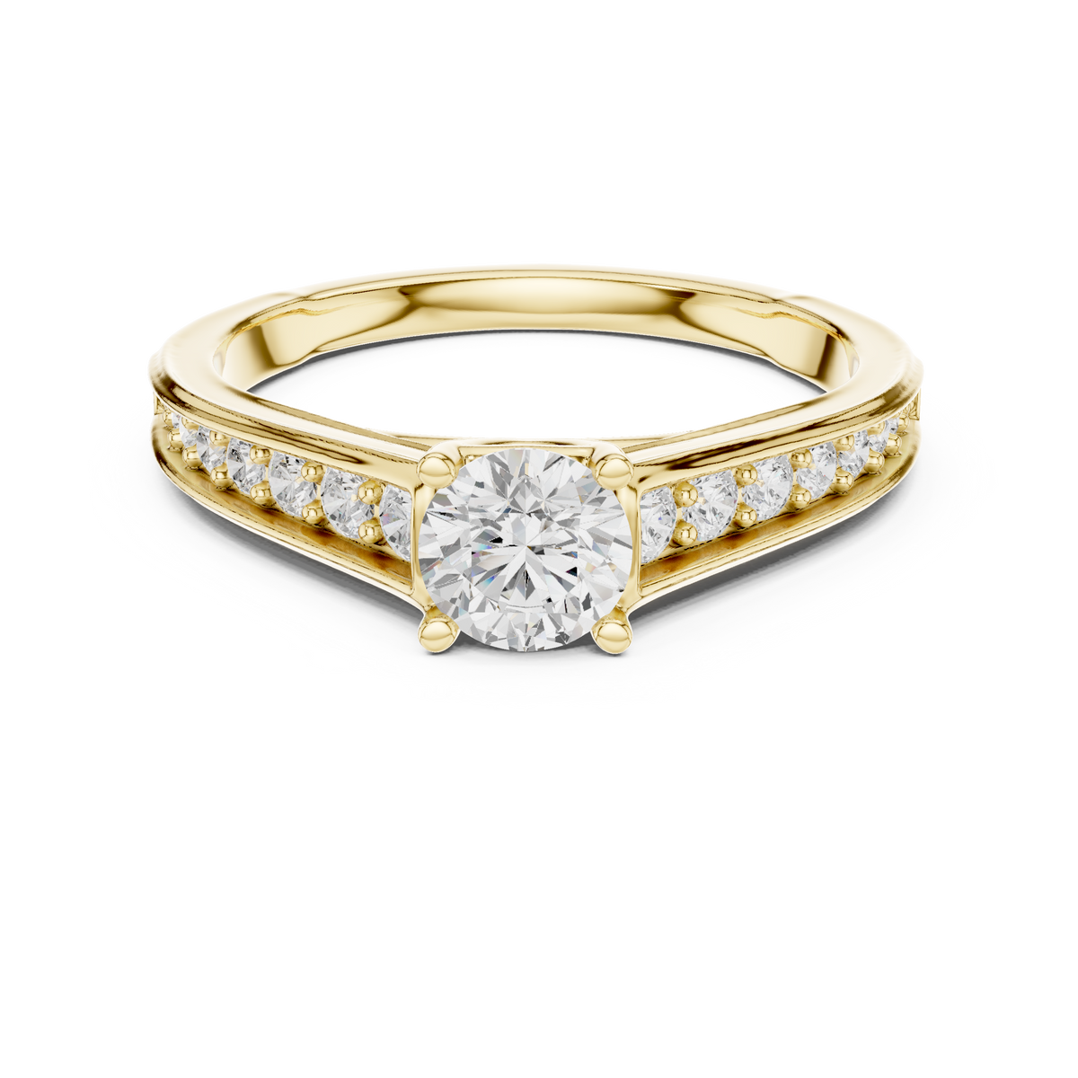 Round Brilliant Cathedral Shank Ring With Pave Shoulders