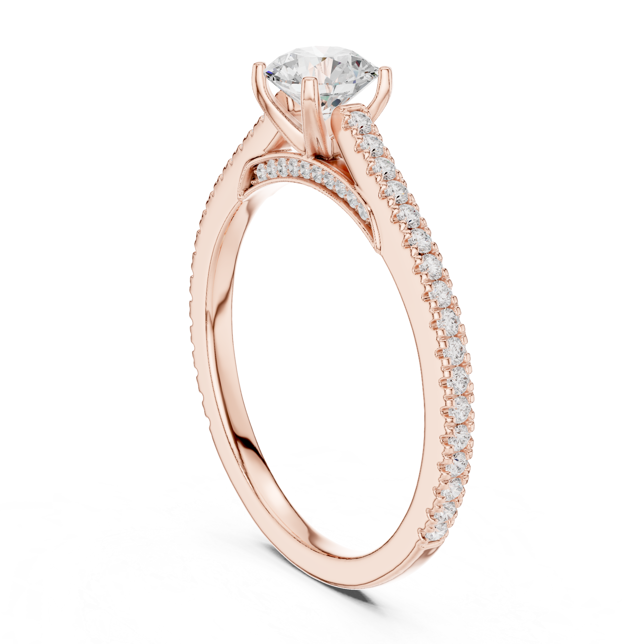 Round Cut Pave Diamond Cathedral Set Engagement Ring