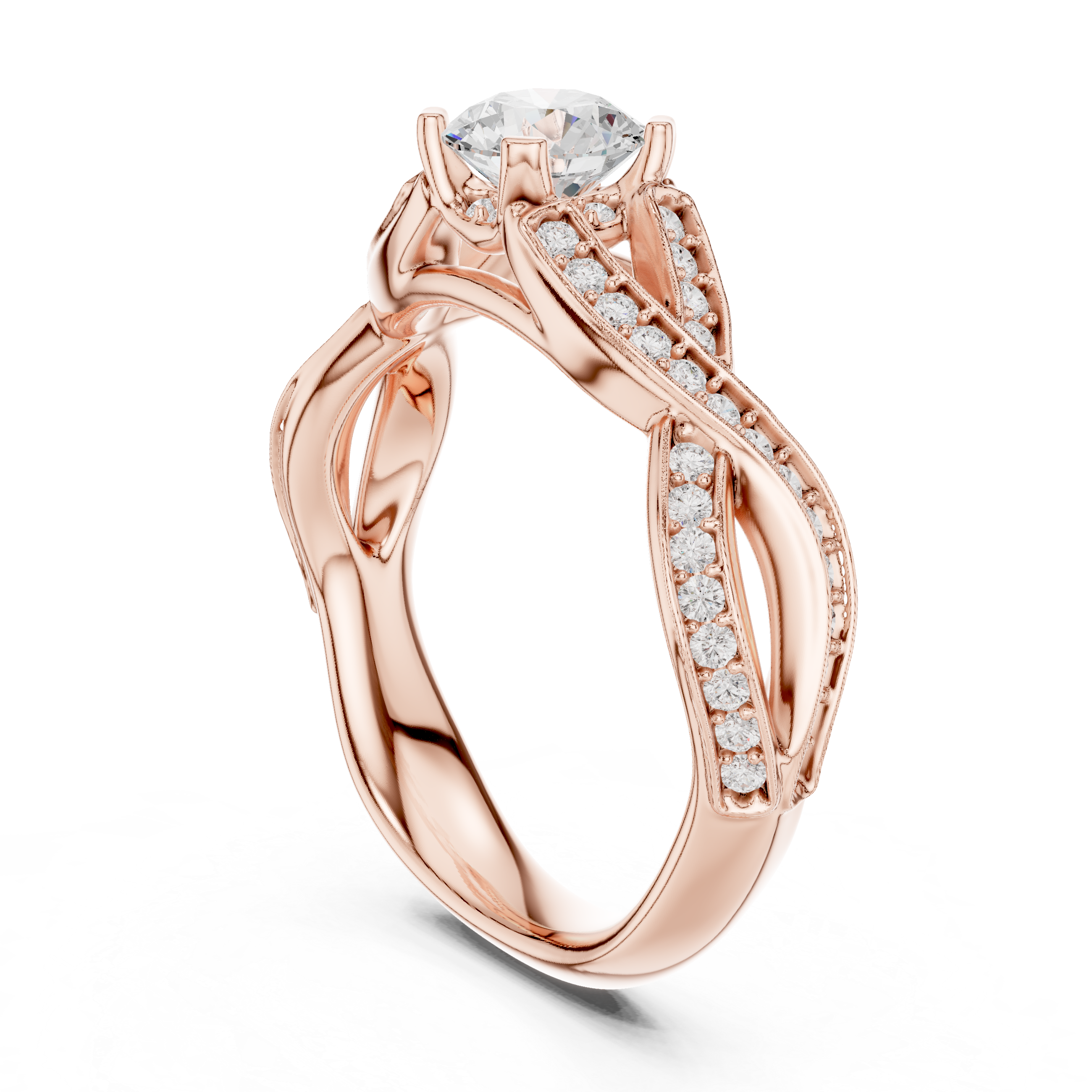 Round Cut Diamond Twist Cathedral Ring
