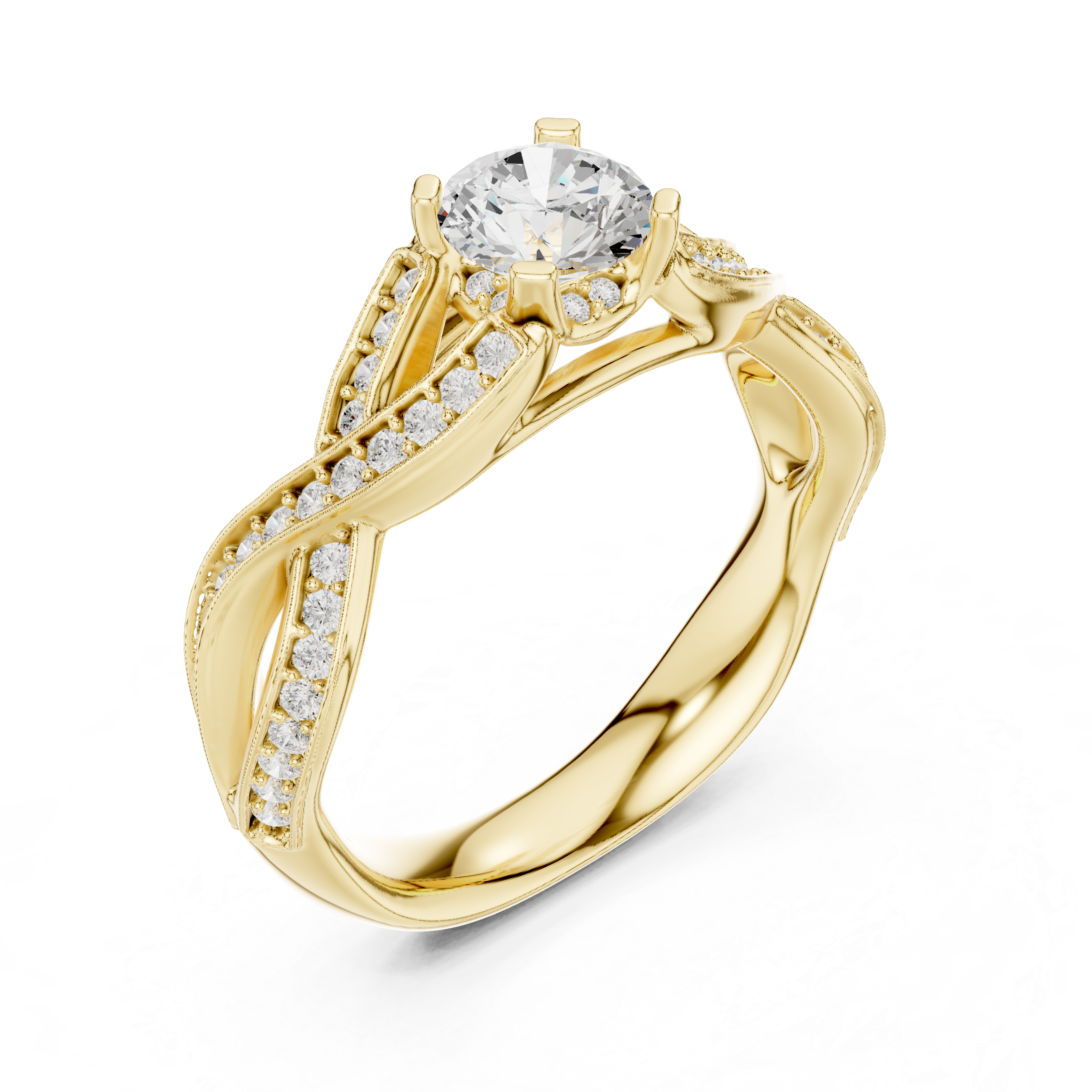 Round Cut Diamond Twist Cathedral Ring