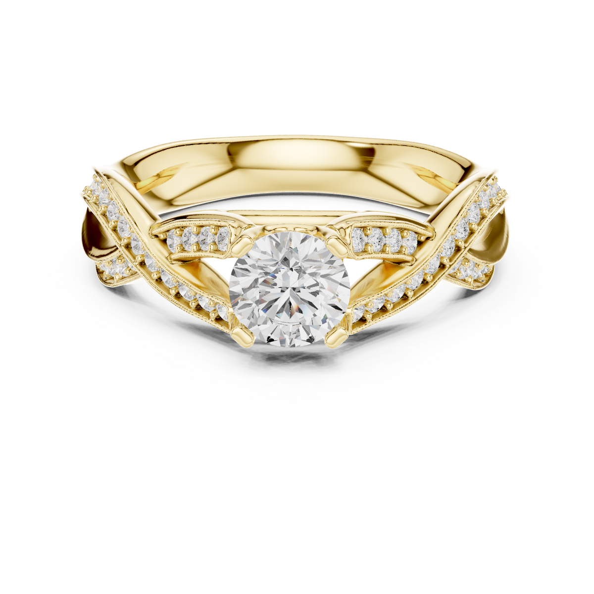 Round Cut Diamond Twist Cathedral Ring