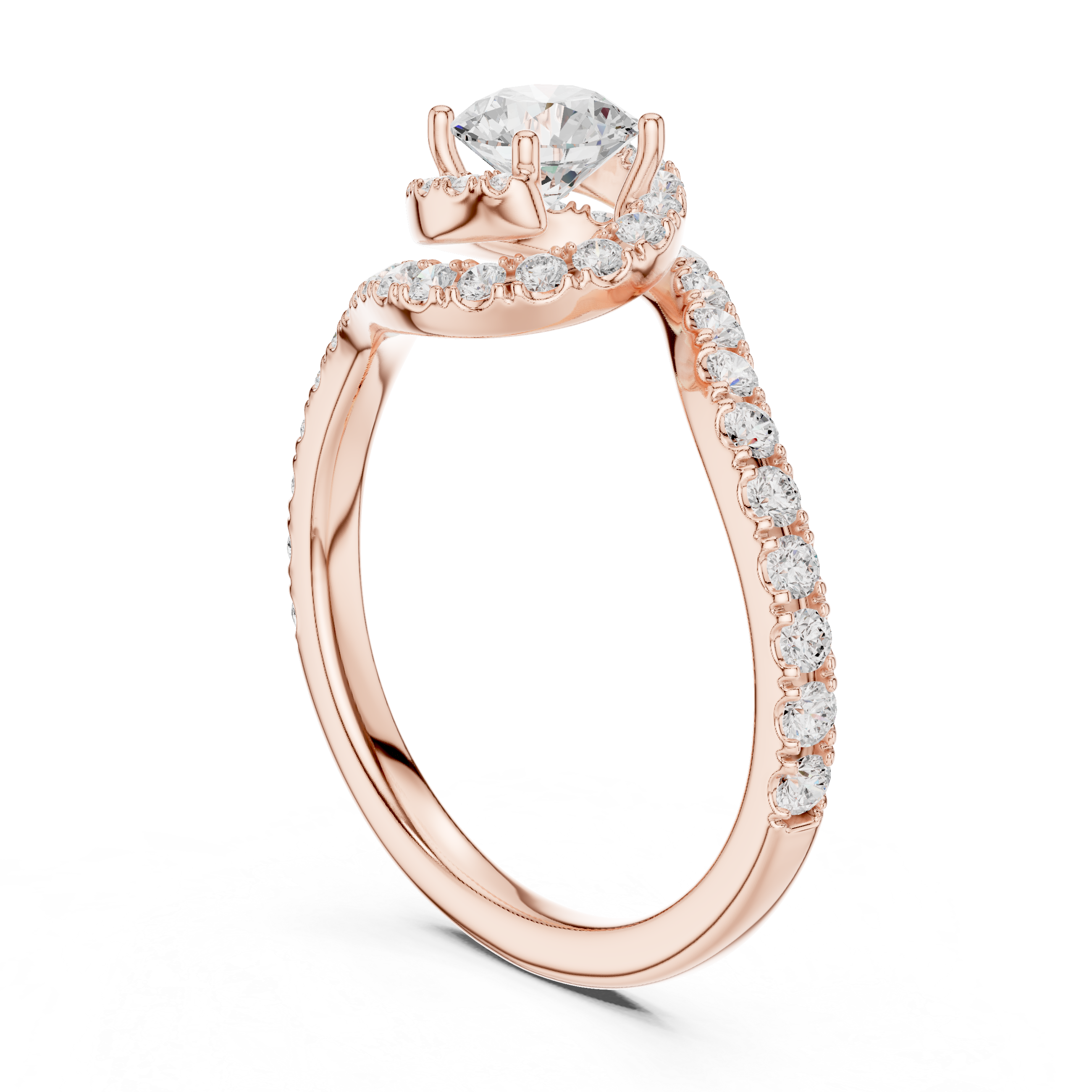 Round Cut Lab Grown Diamond Bypass Swirl Halo Wedding Ring