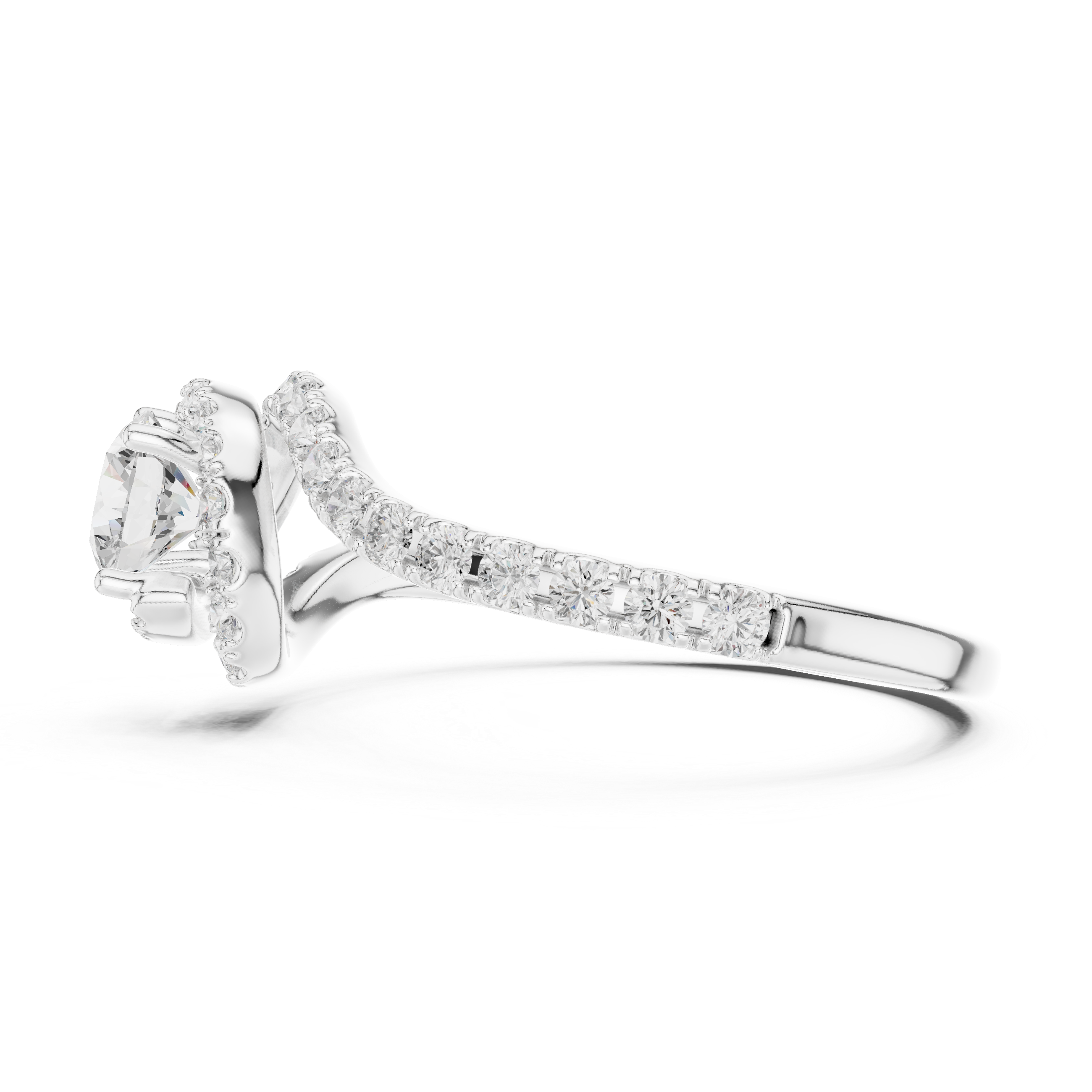 Round Cut Lab Grown Diamond Bypass Swirl Halo Wedding Ring