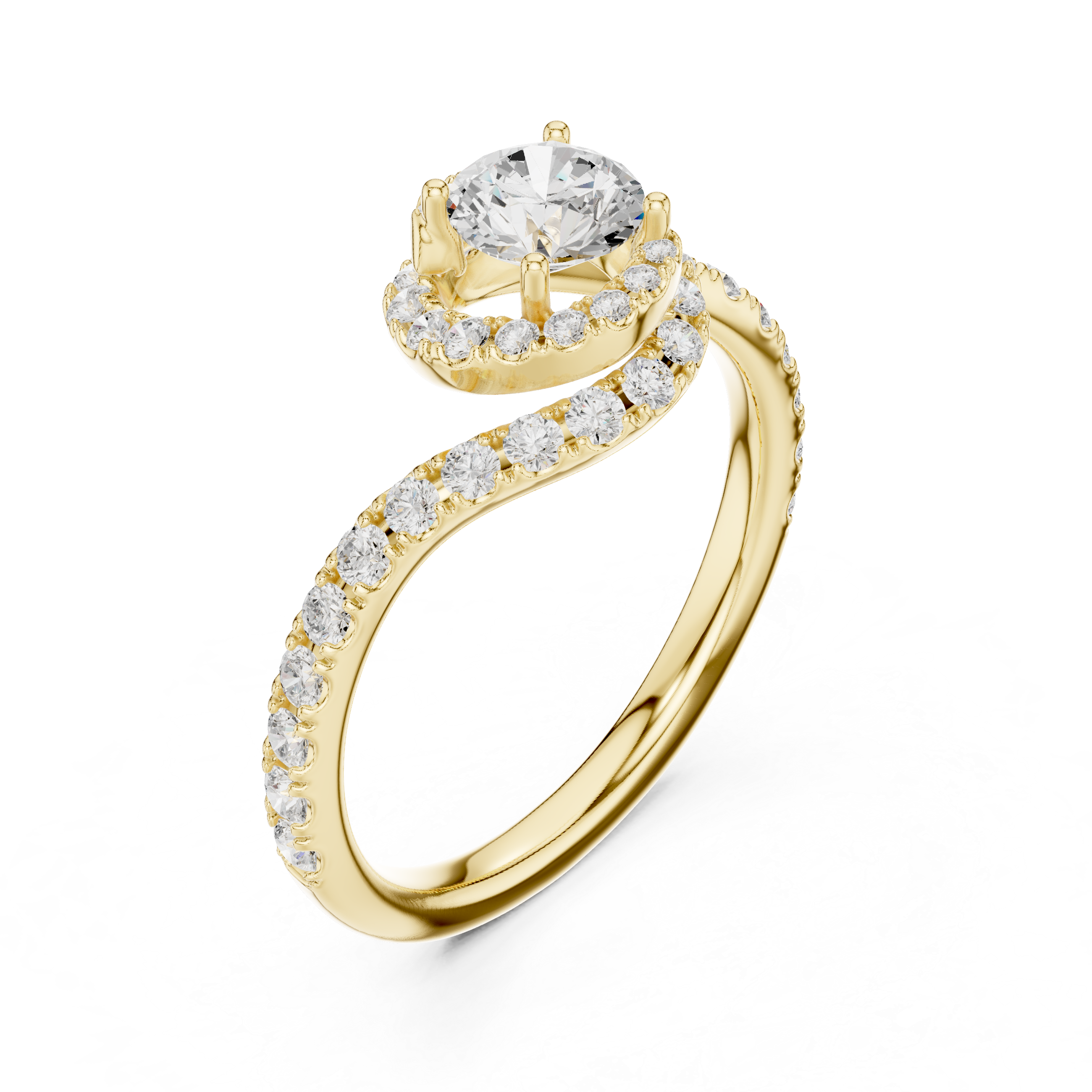 Round Cut Lab Grown Diamond Bypass Swirl Halo Wedding Ring