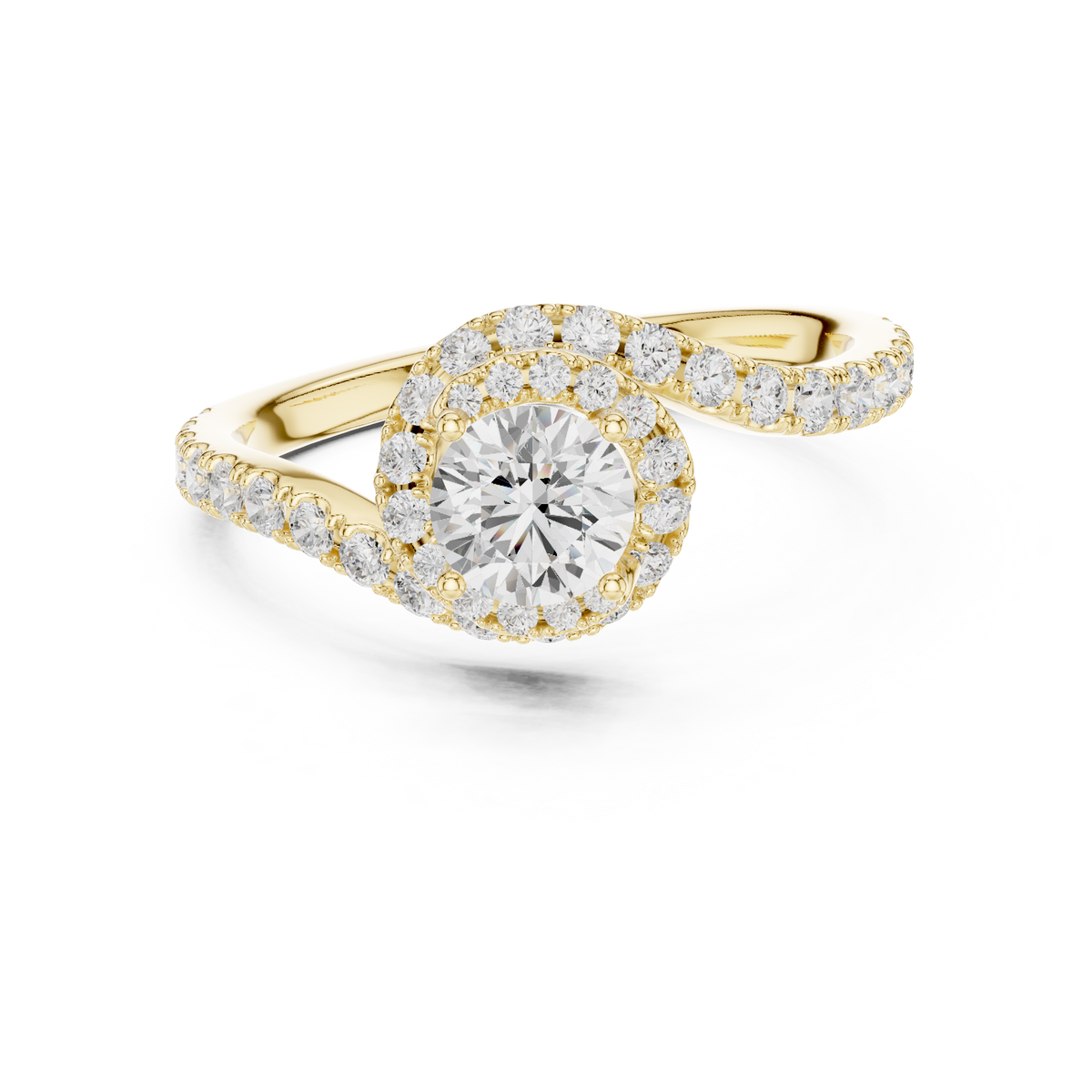 Round Cut Lab Grown Diamond Bypass Swirl Halo Wedding Ring