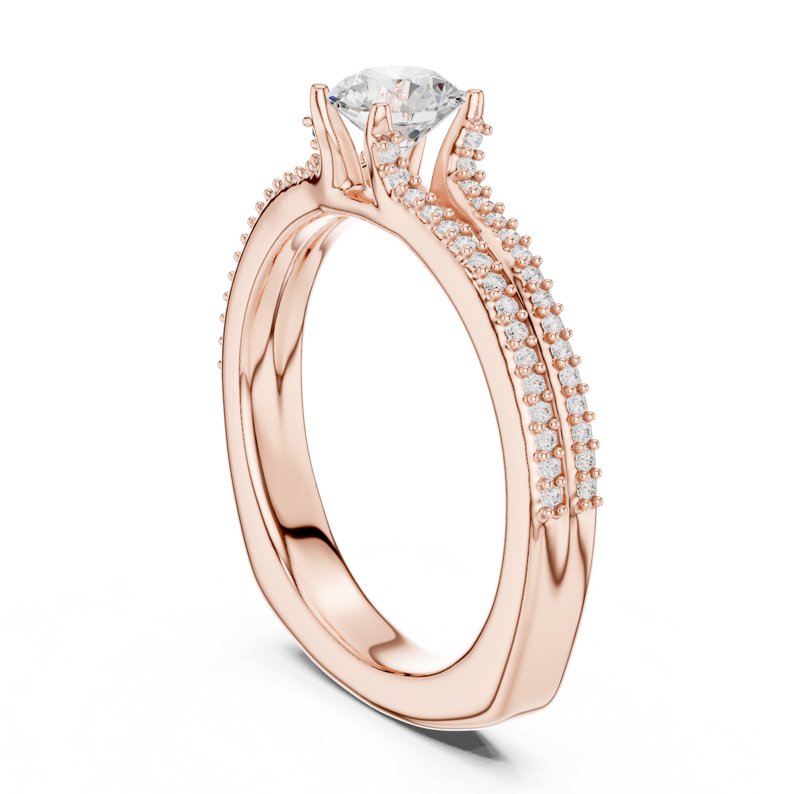 Round Cut Diamond Engagement Ring With Double Row Diamond Band