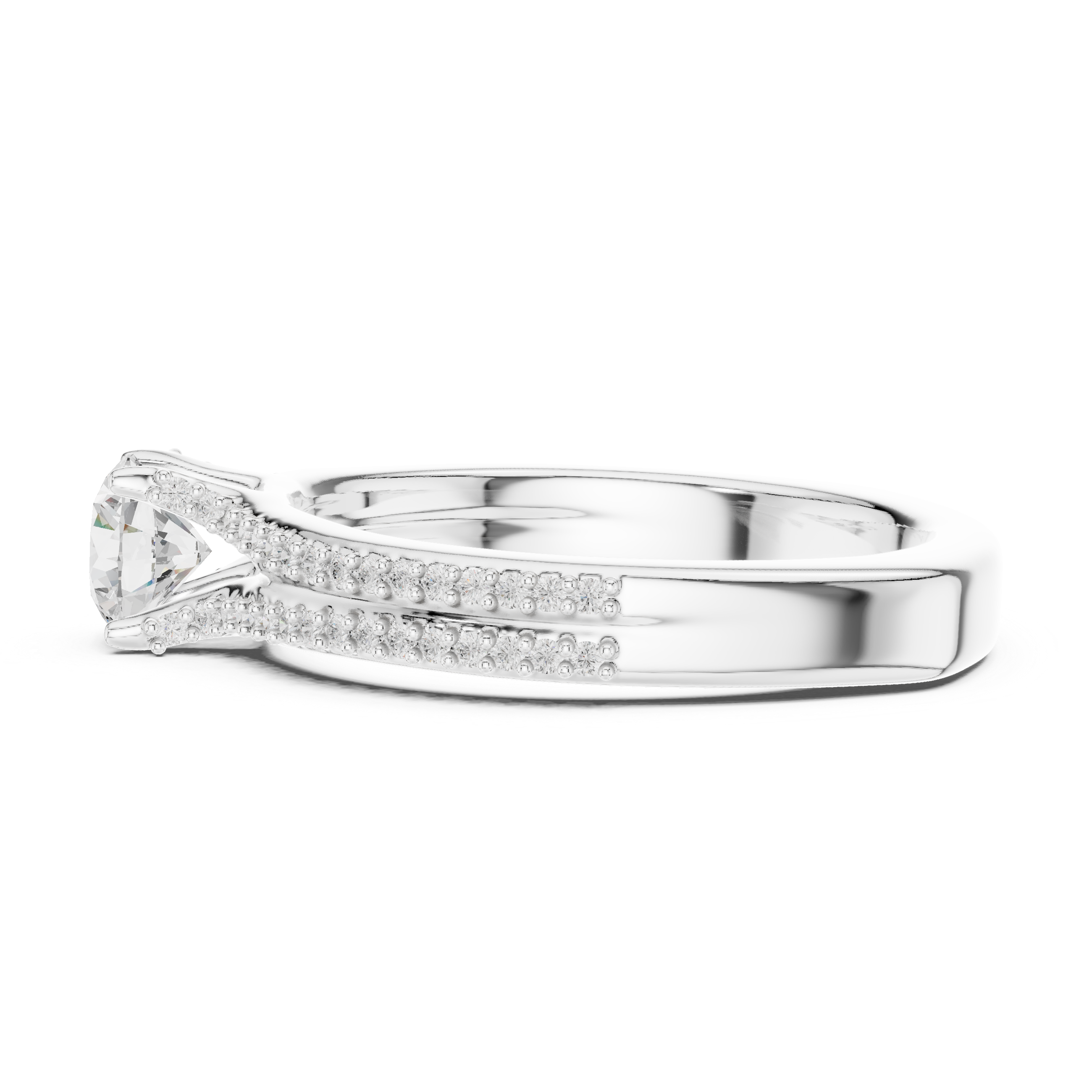 Round Cut Diamond Engagement Ring With Double Row Diamond Band