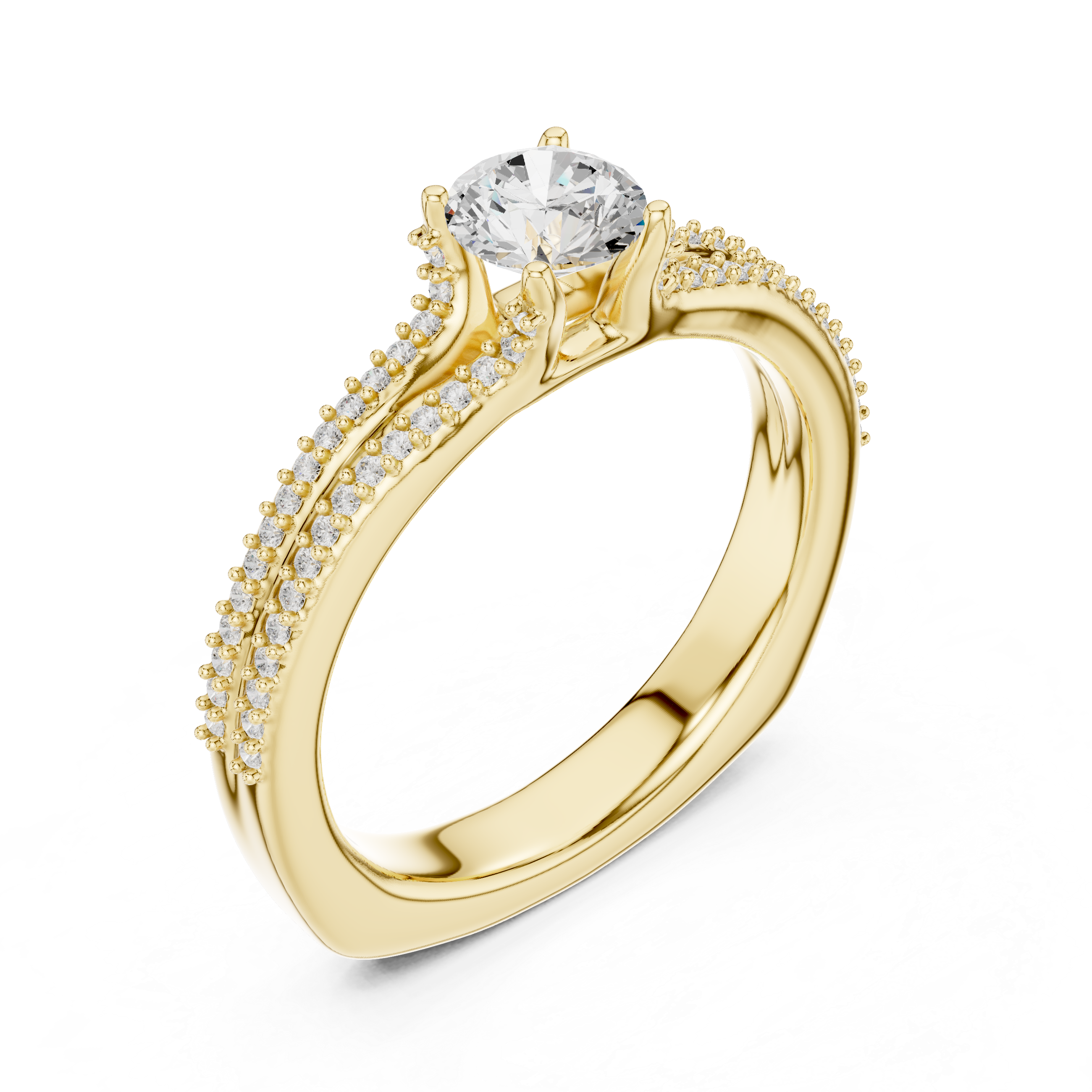 Round Cut Diamond Engagement Ring With Double Row Diamond Band