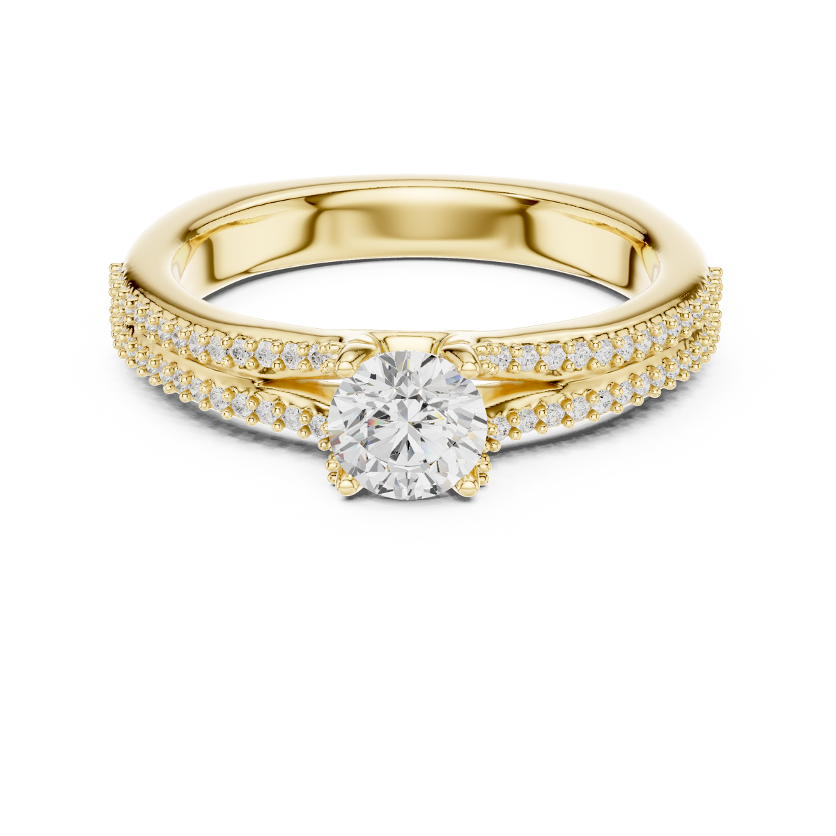 Round Cut Diamond Engagement Ring With Double Row Diamond Band